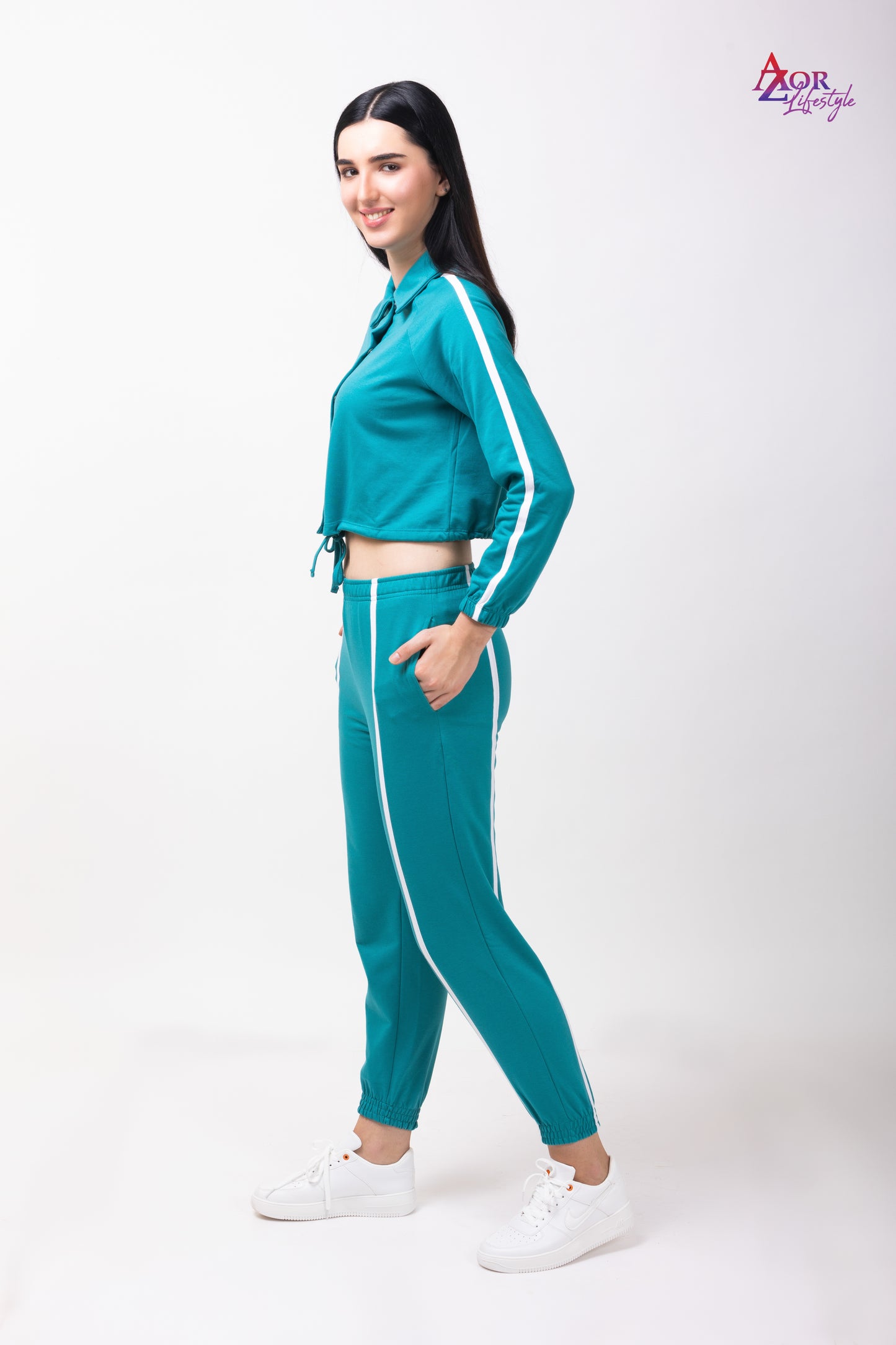 Women turquoise blue collared sweatshirt co-ord set
