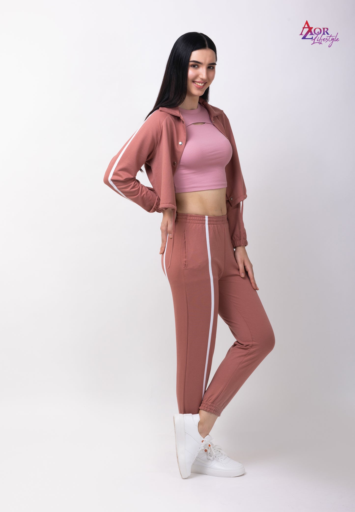 Women peach collared sweatshirt co-ord set