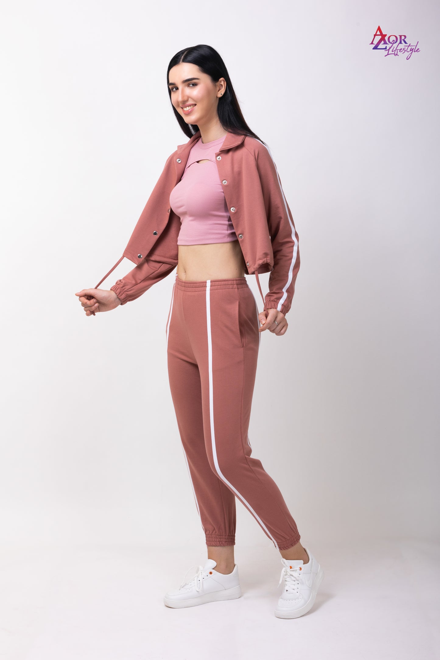 Women peach collared sweatshirt co-ord set