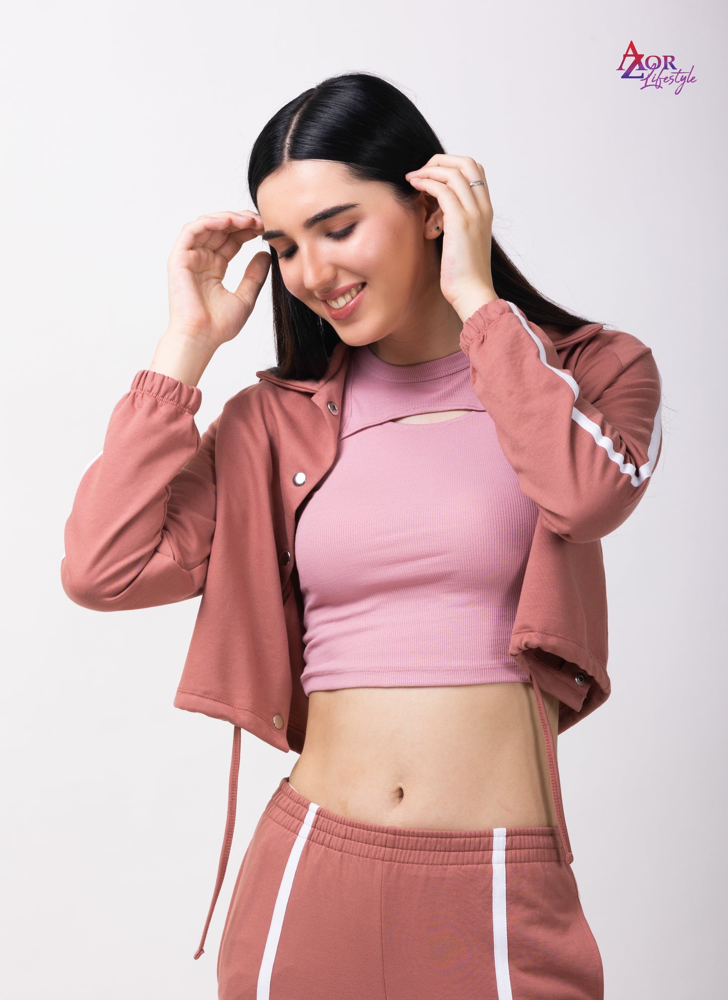 Women peach collared sweatshirt co-ord set