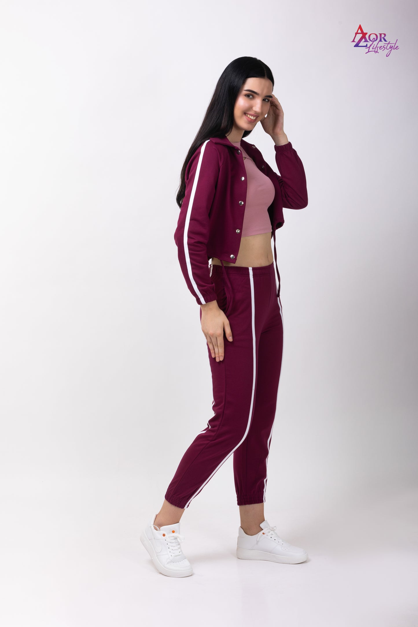 Women wine collared sweatshirt co-ord set