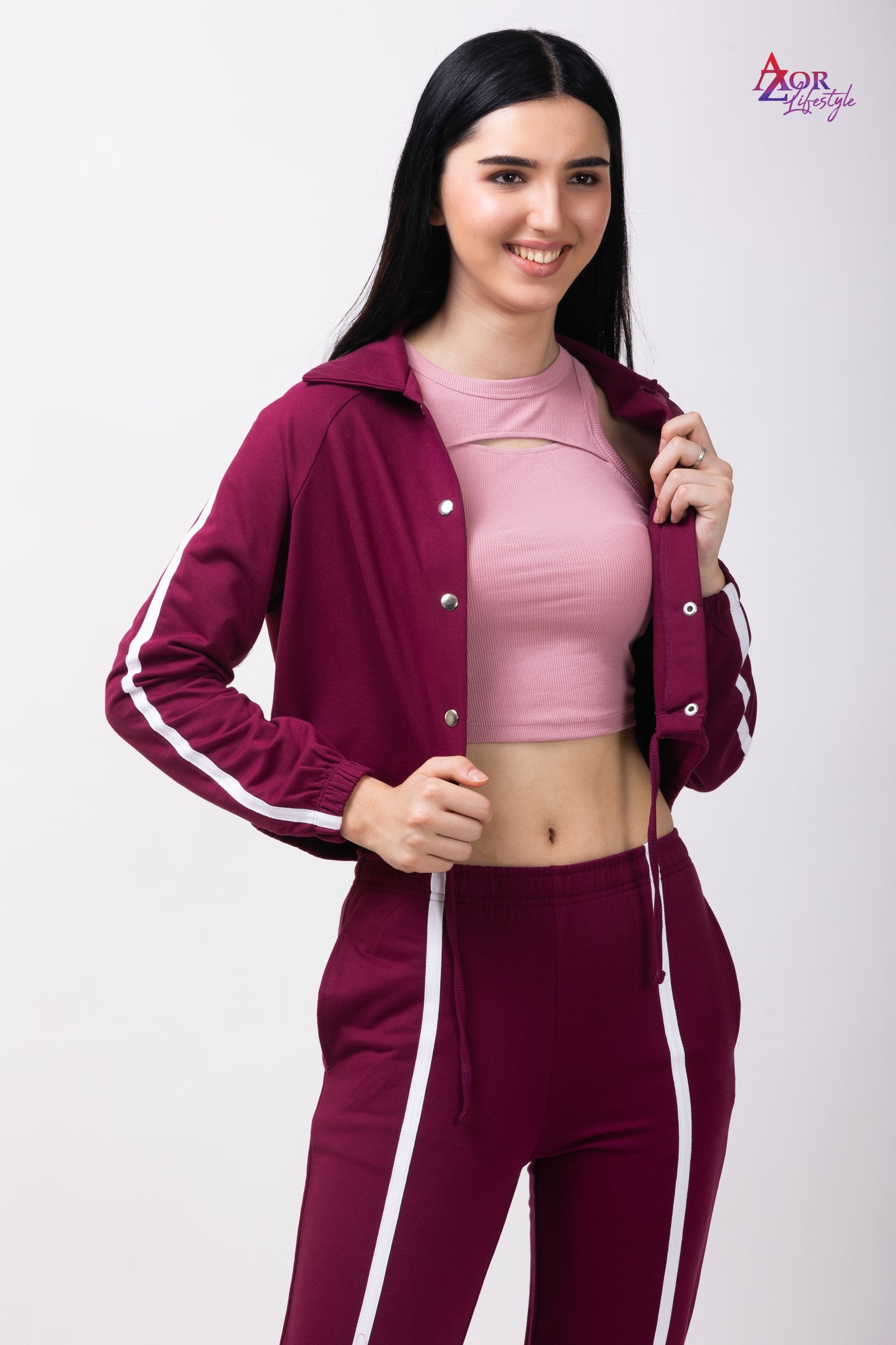 Women wine collared sweatshirt co-ord set
