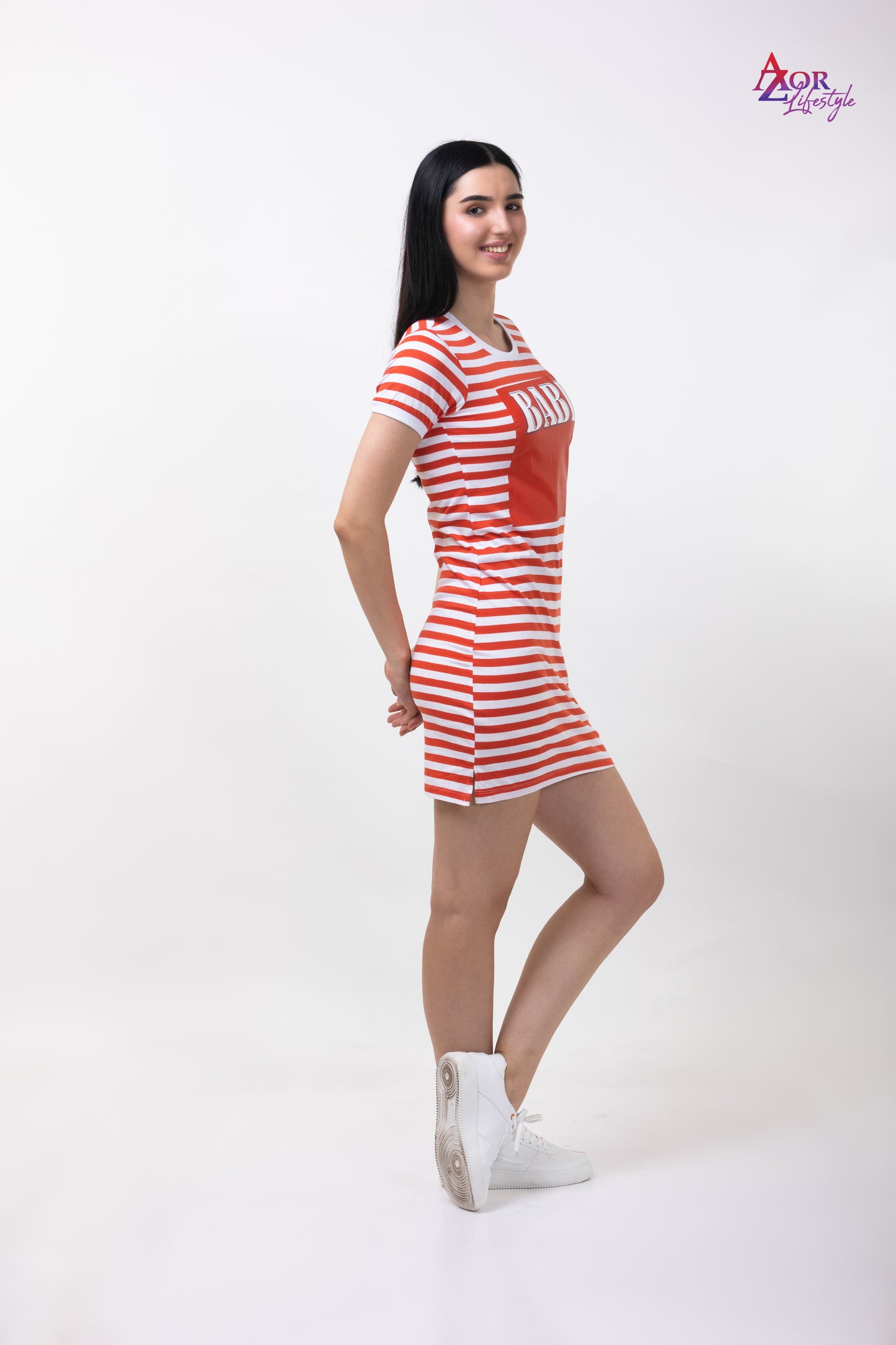 Women orange and white t-shirt fit dress