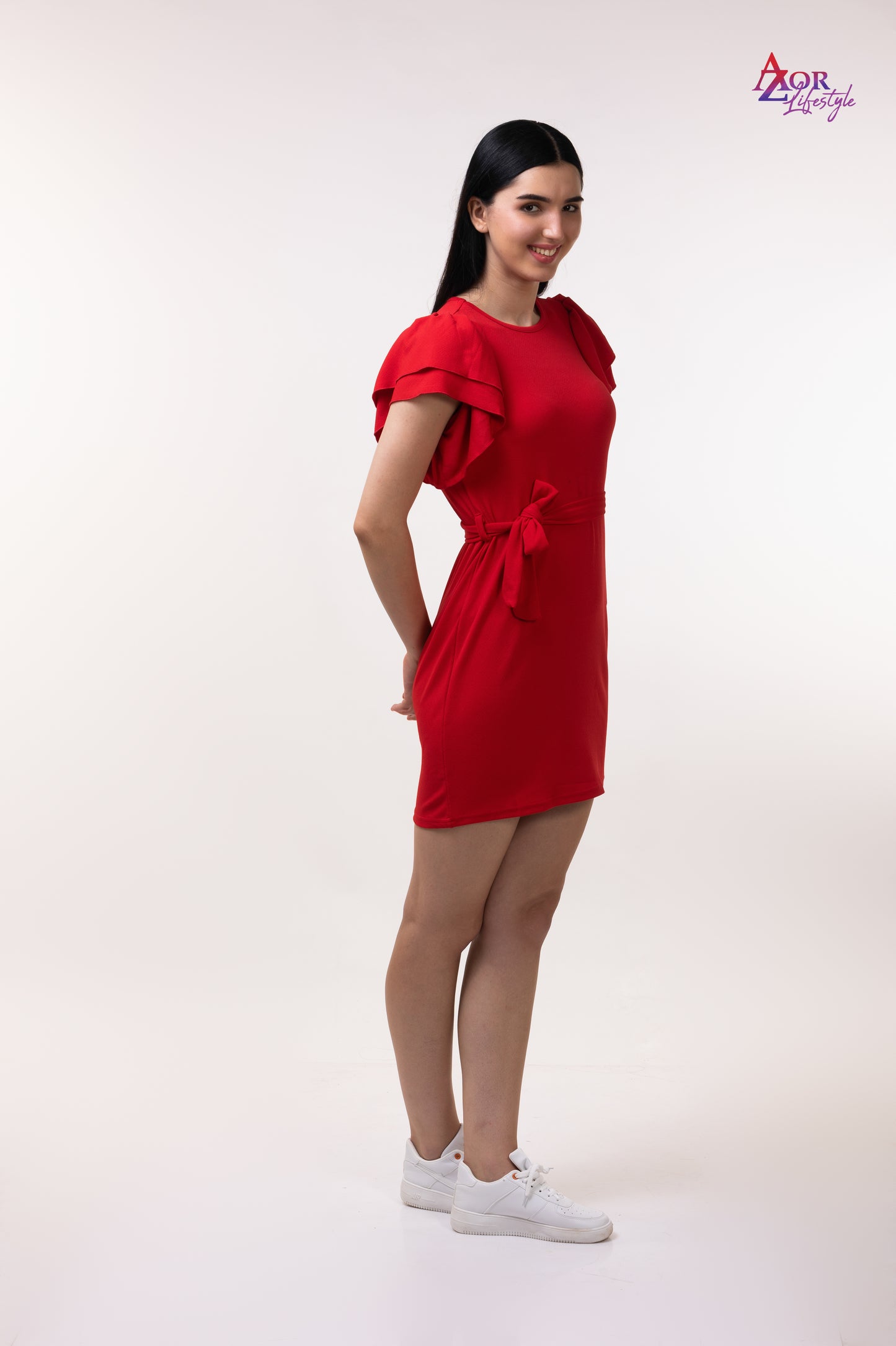 Women red dress with belt
