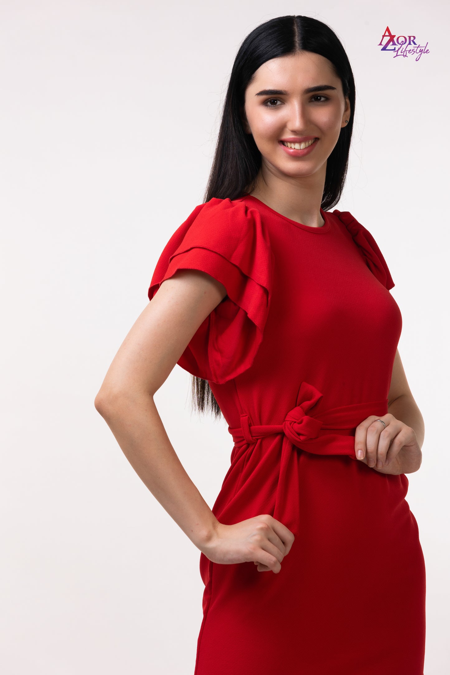 Women red dress with belt