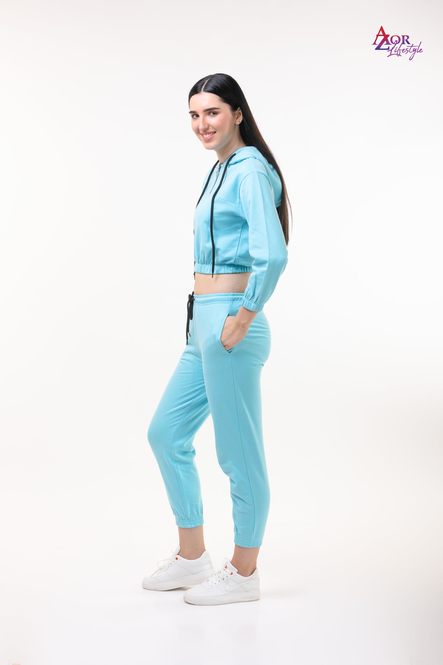 Women blue cotton fleece zipper sweatshirt co-ord set