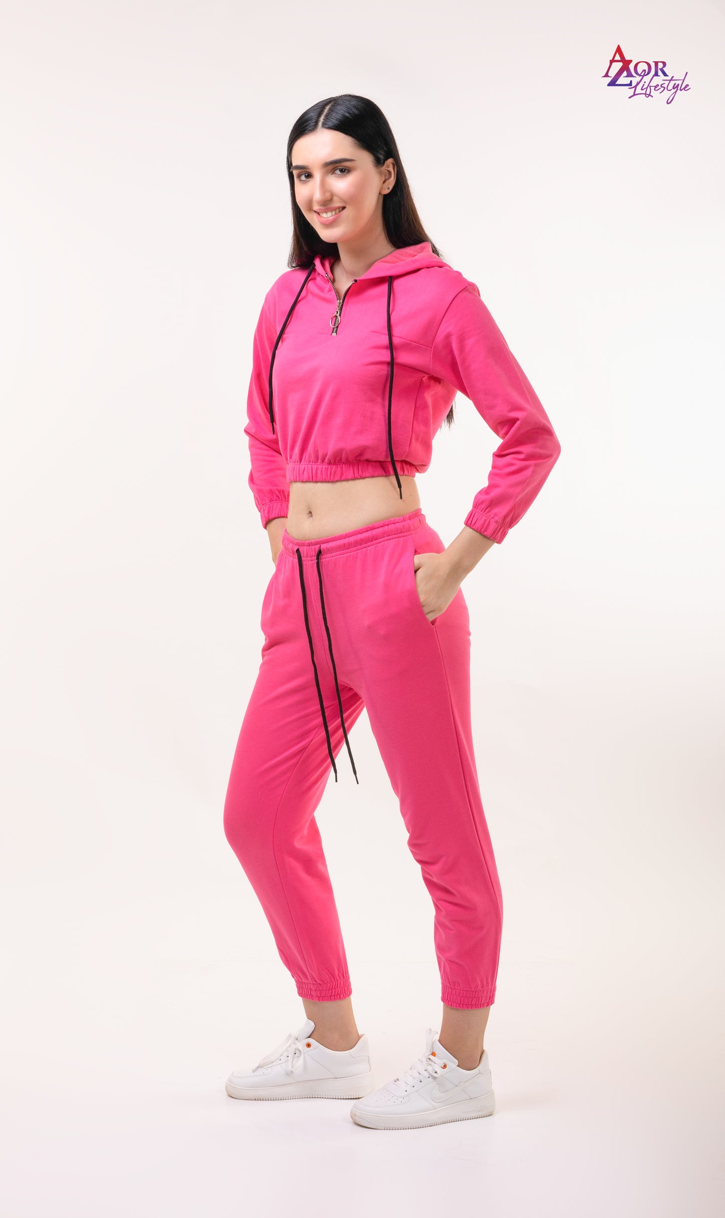 Women pink cotton fleece zipper sweatshirt co-ord set