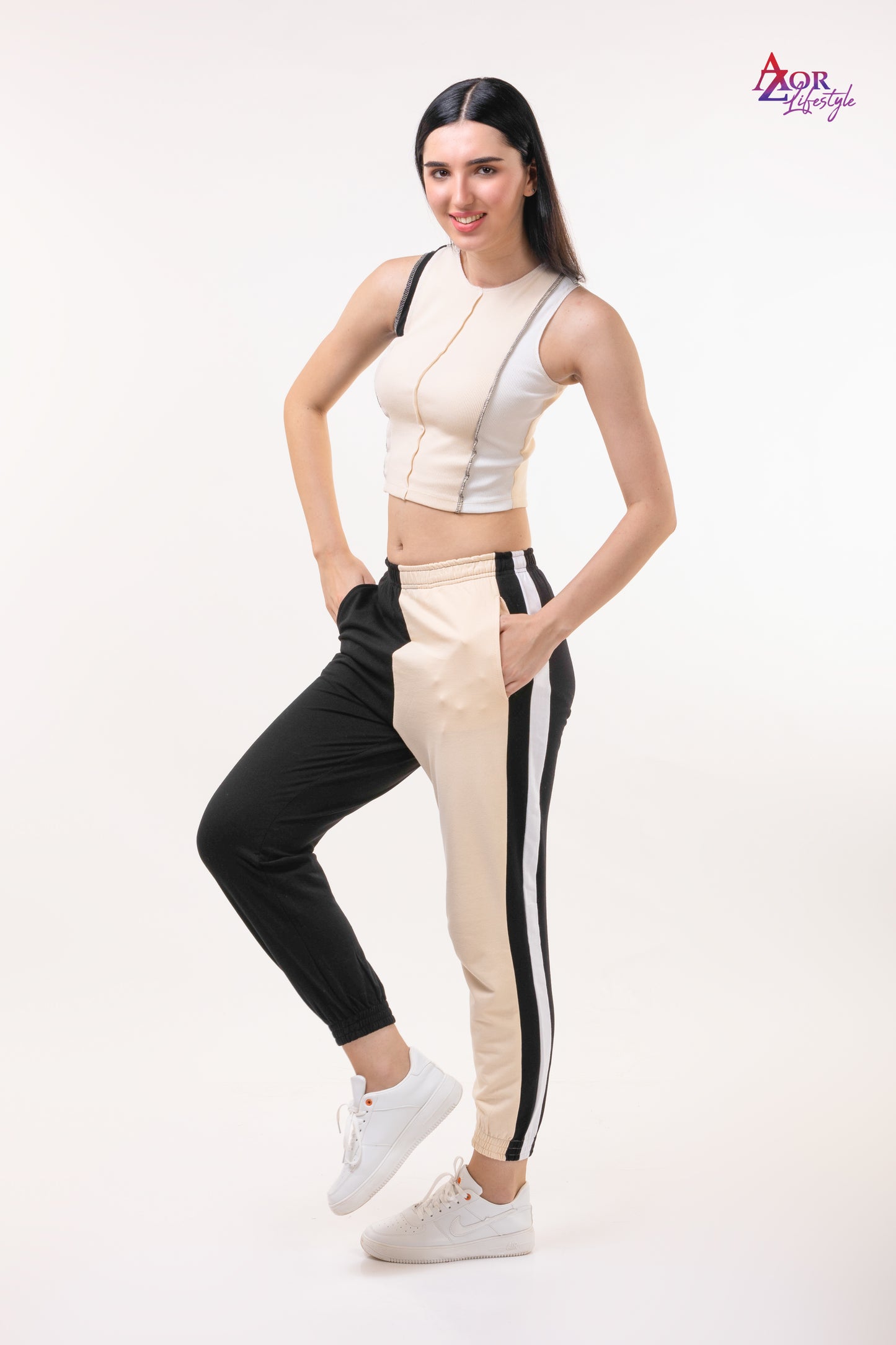 Women beige and black co-ord set