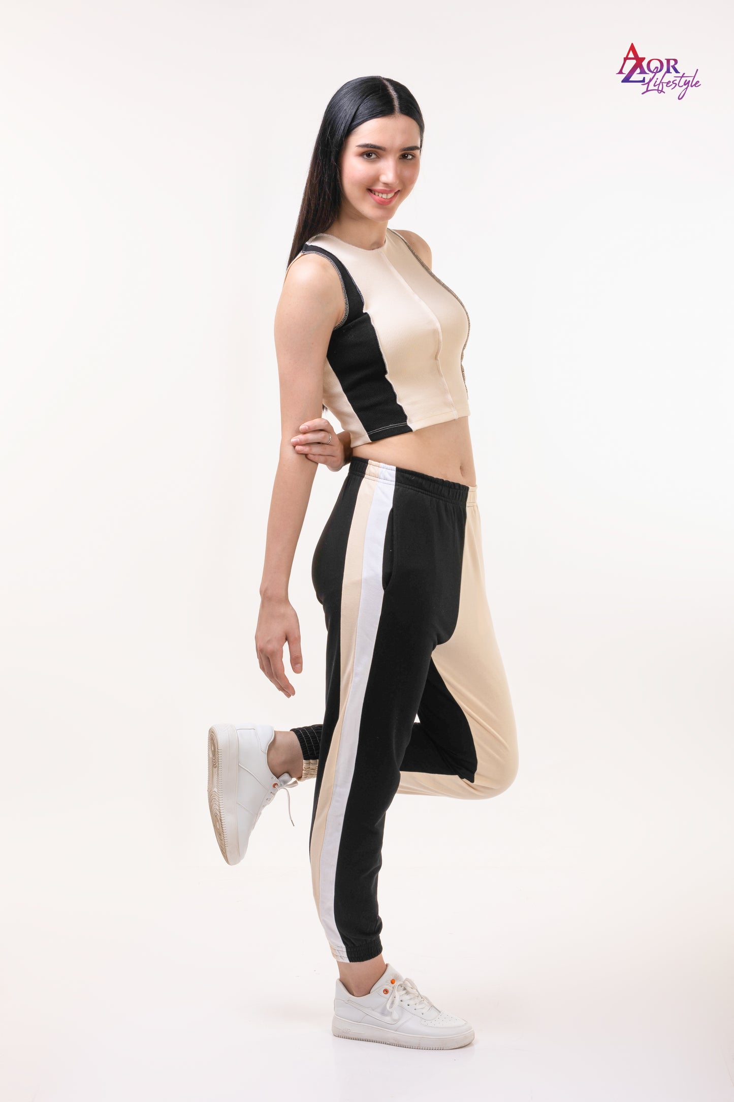 Women beige and black co-ord set