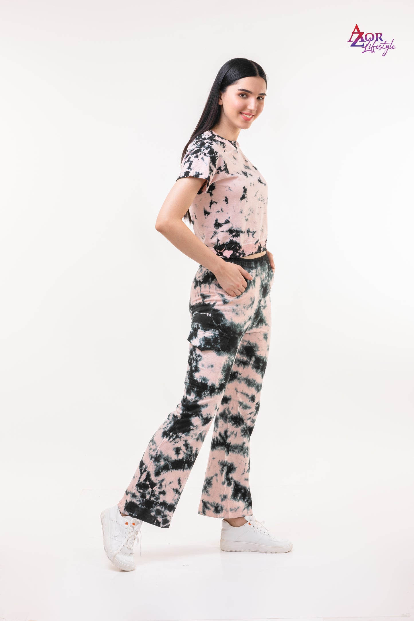 Women peach and black tie & dye co-ord set