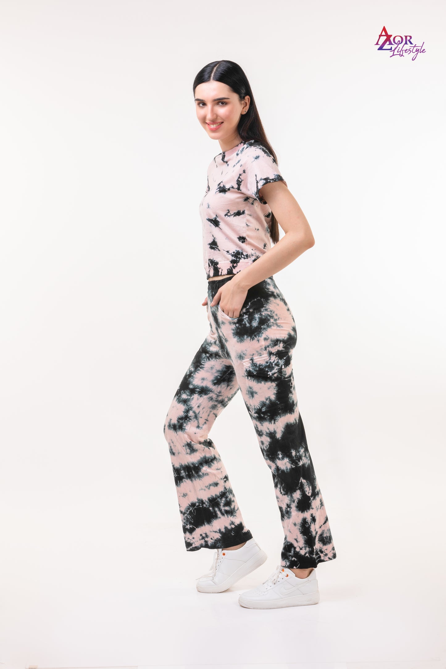Women peach and black tie & dye co-ord set