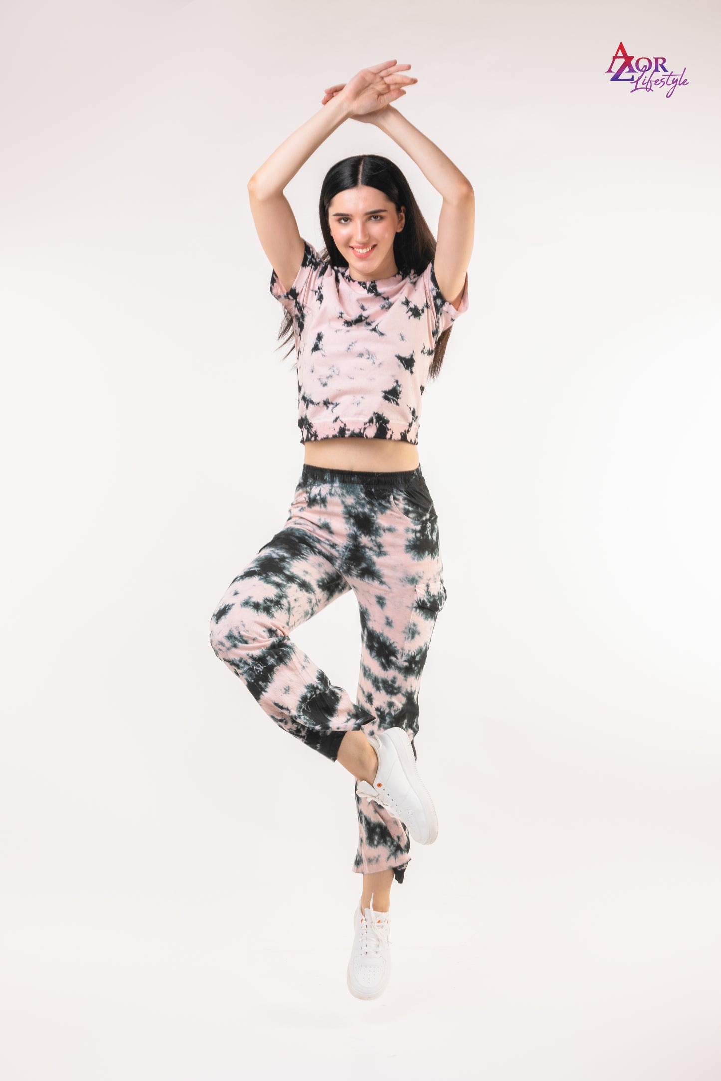 Women peach and black tie & dye co-ord set