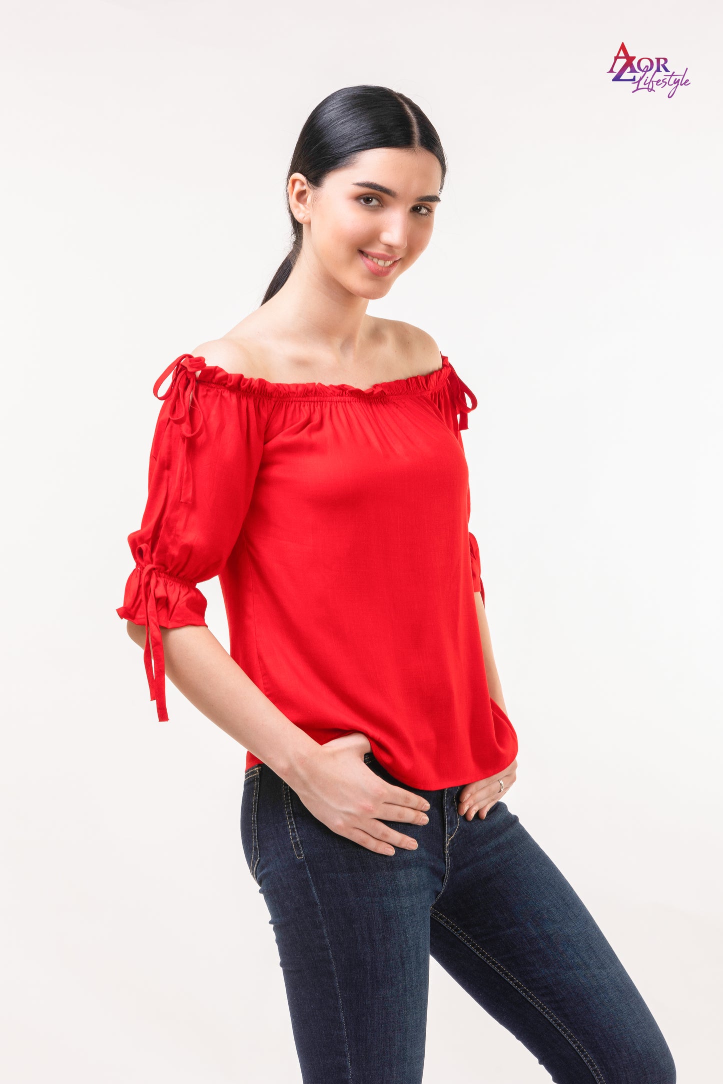 Women red off- shoulder top