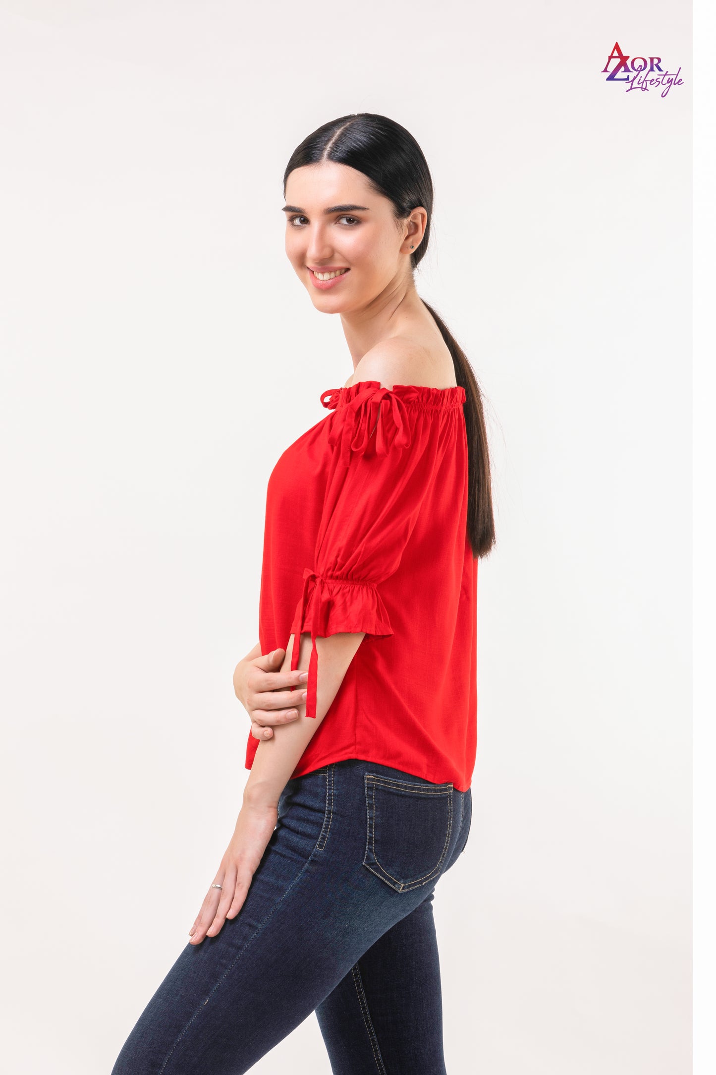 Women red off- shoulder top
