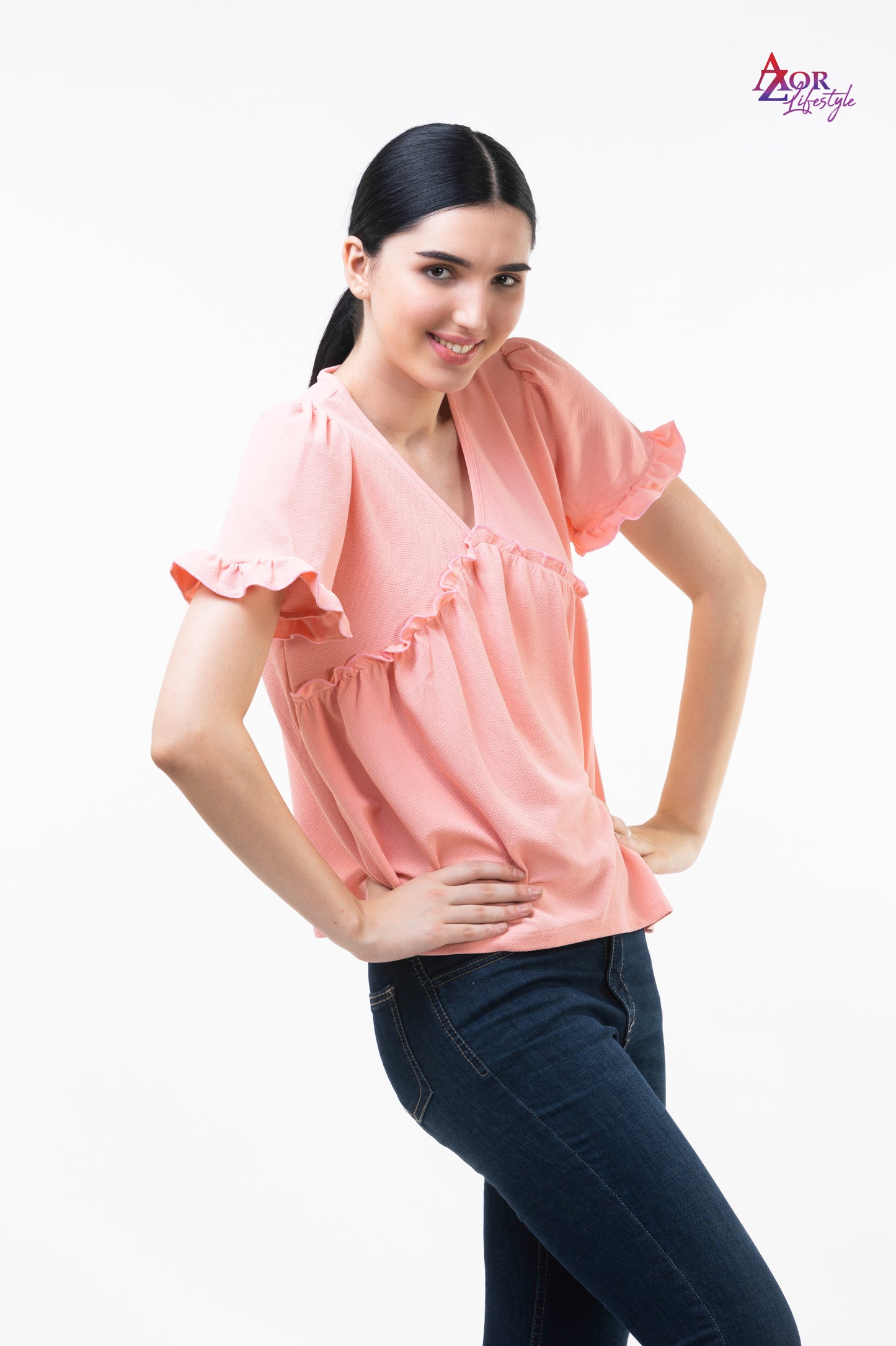 Women pink V-neck top