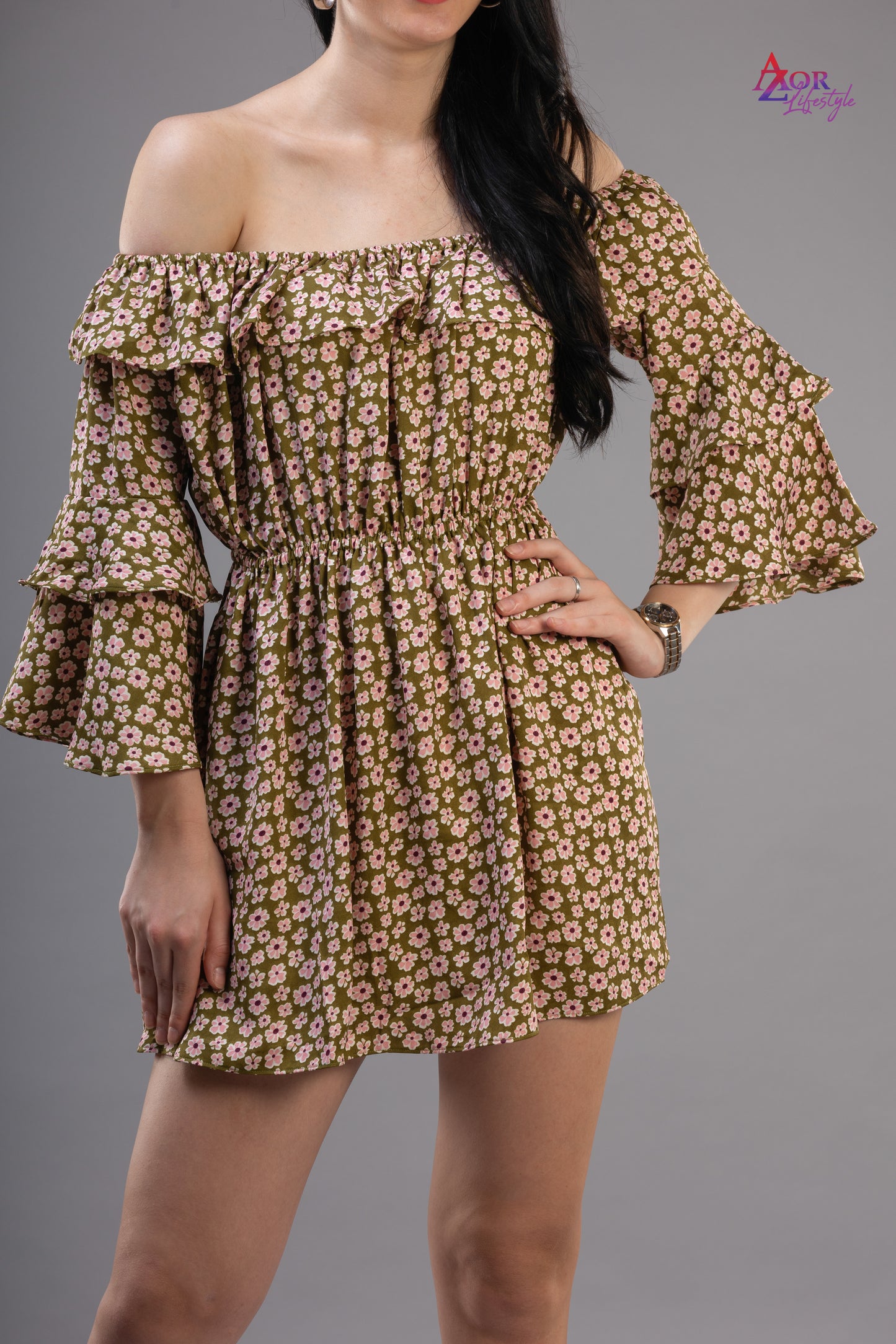 Women green floral off shoulder dress