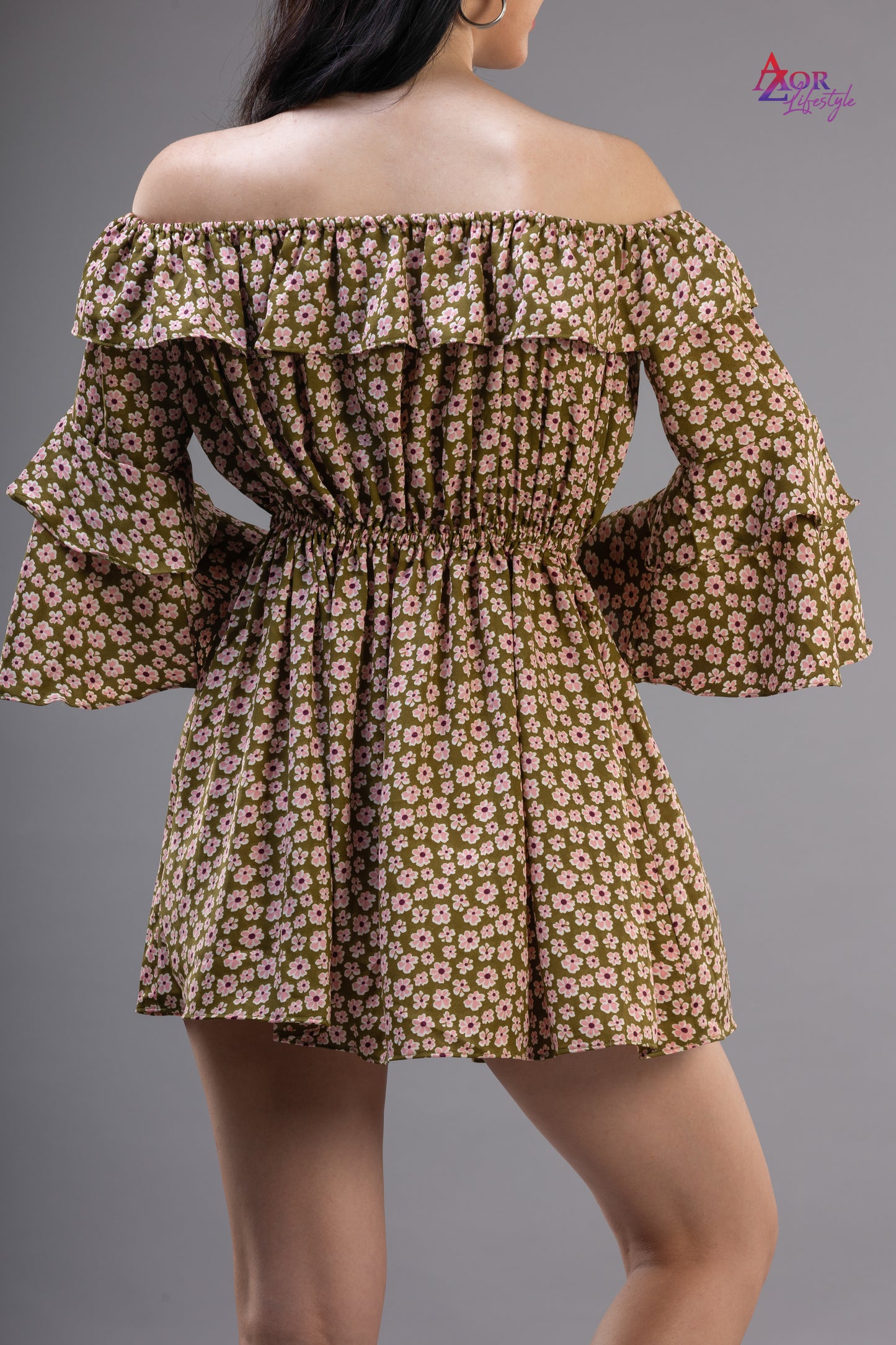 Women green floral off shoulder dress