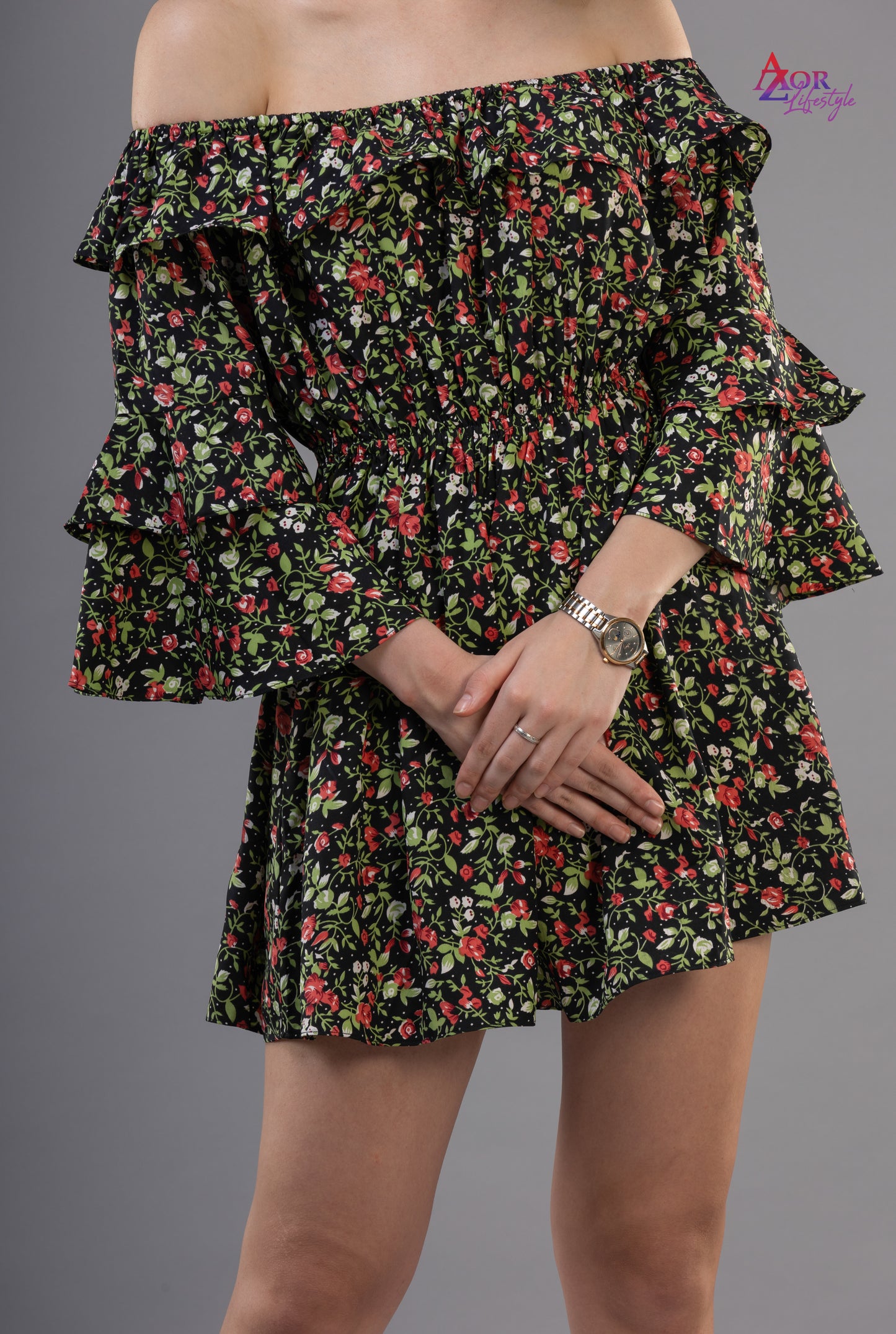 Women black green off shoulder dress