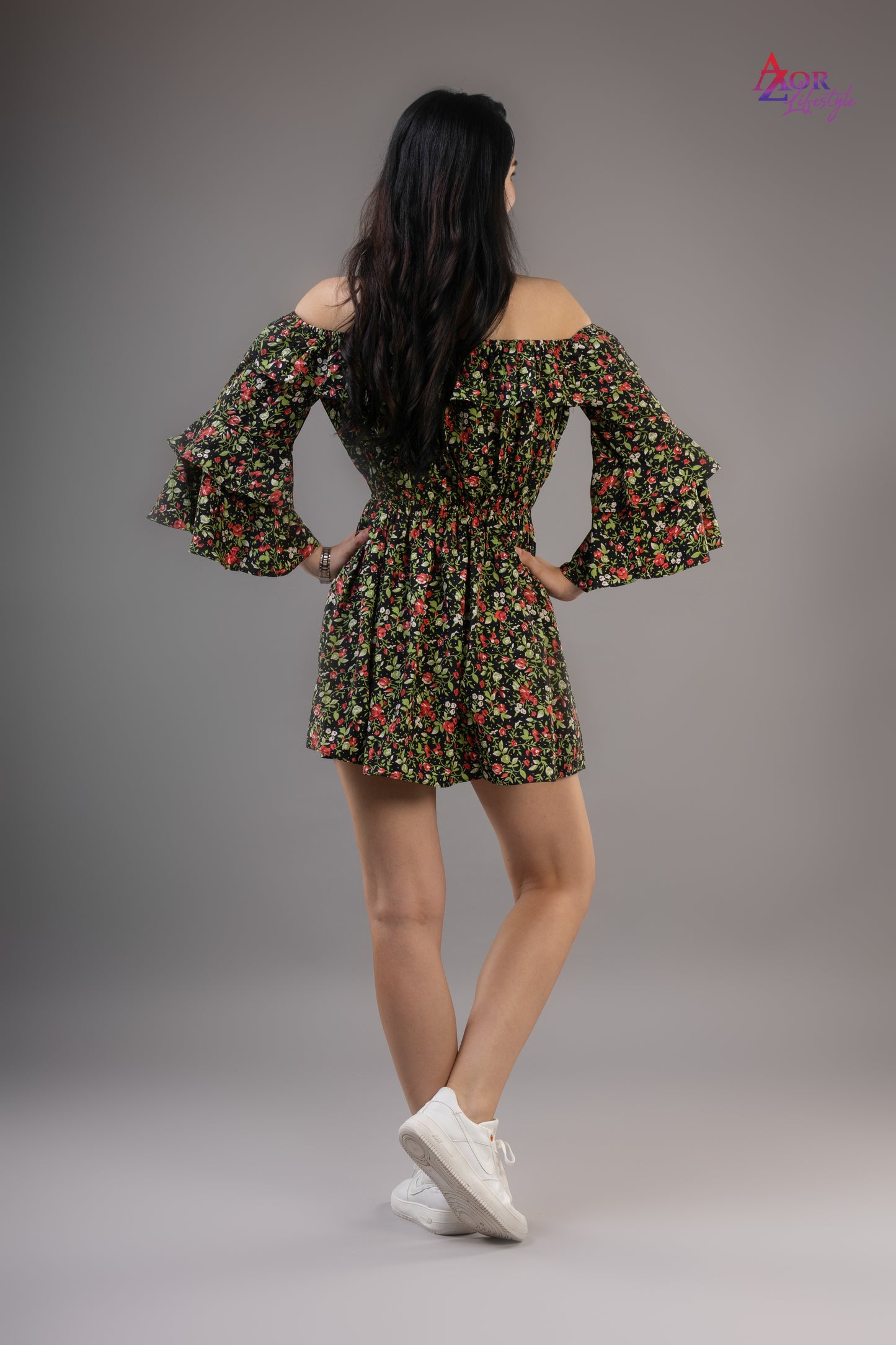 Women black green off shoulder dress