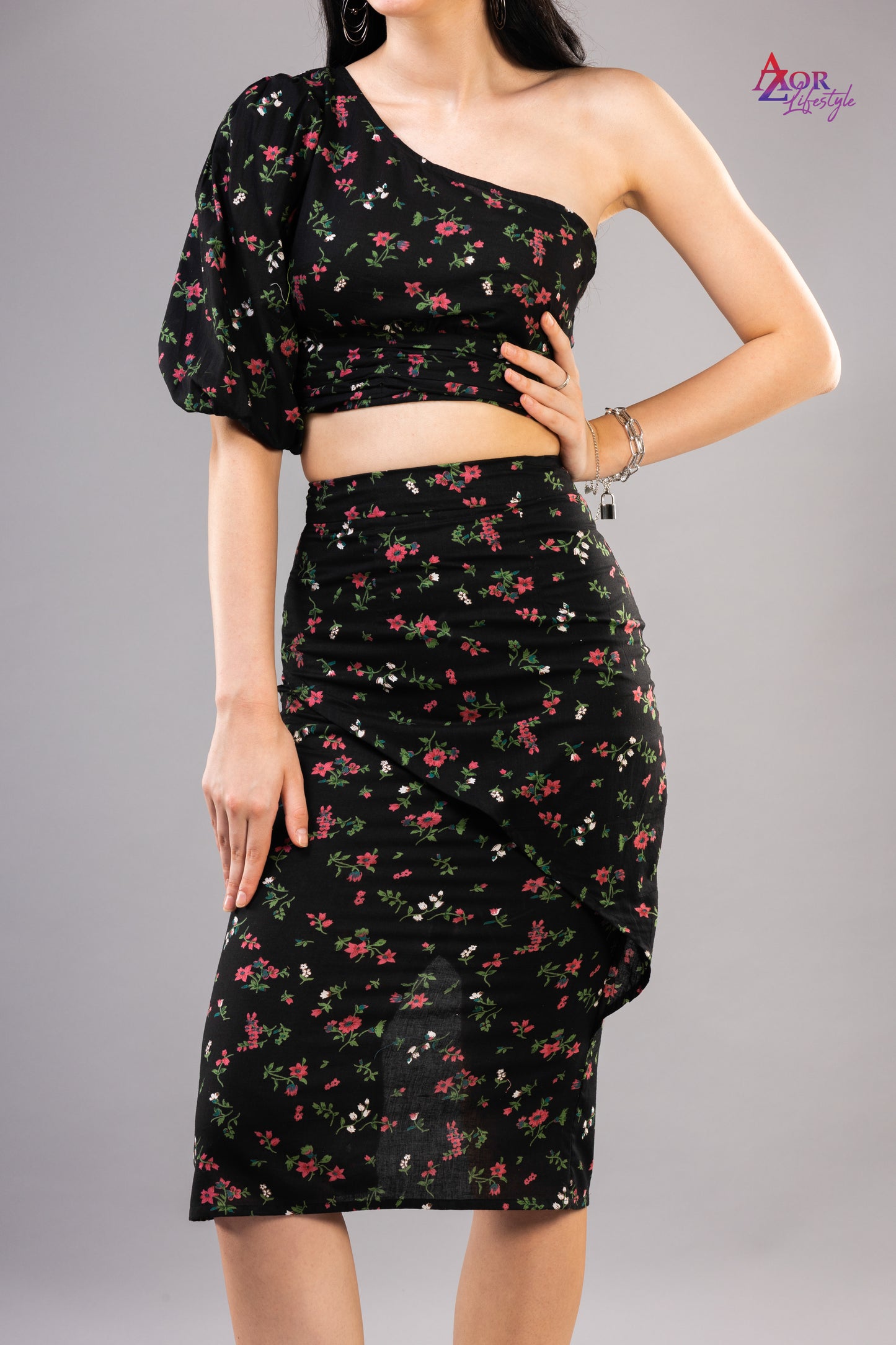 Women black floral co-ord set dress