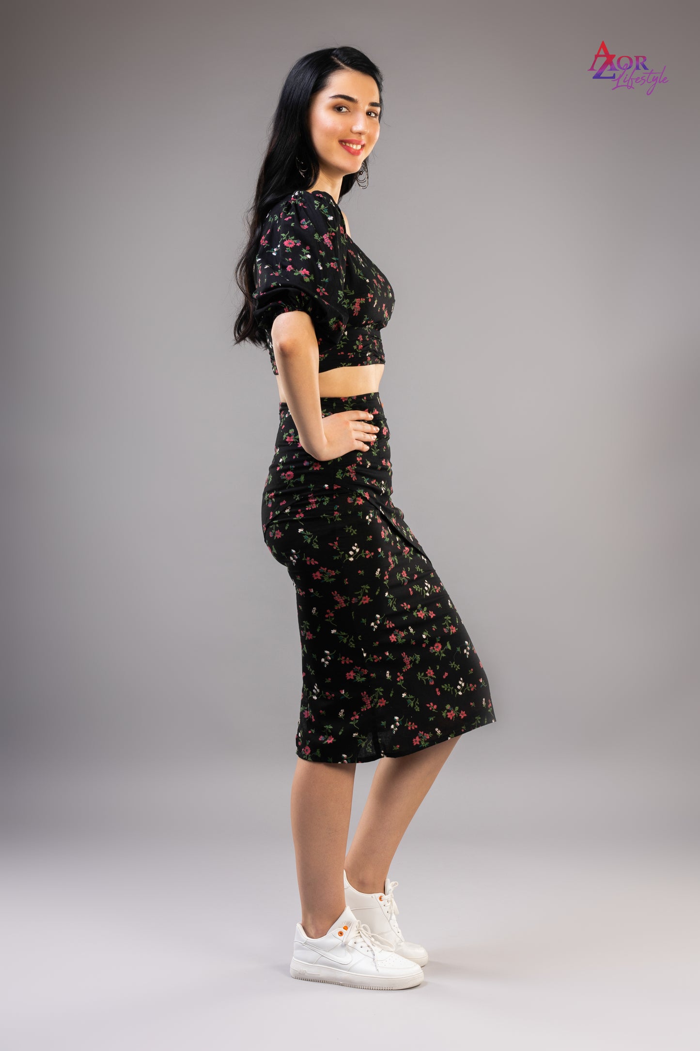 Women black floral co-ord set dress