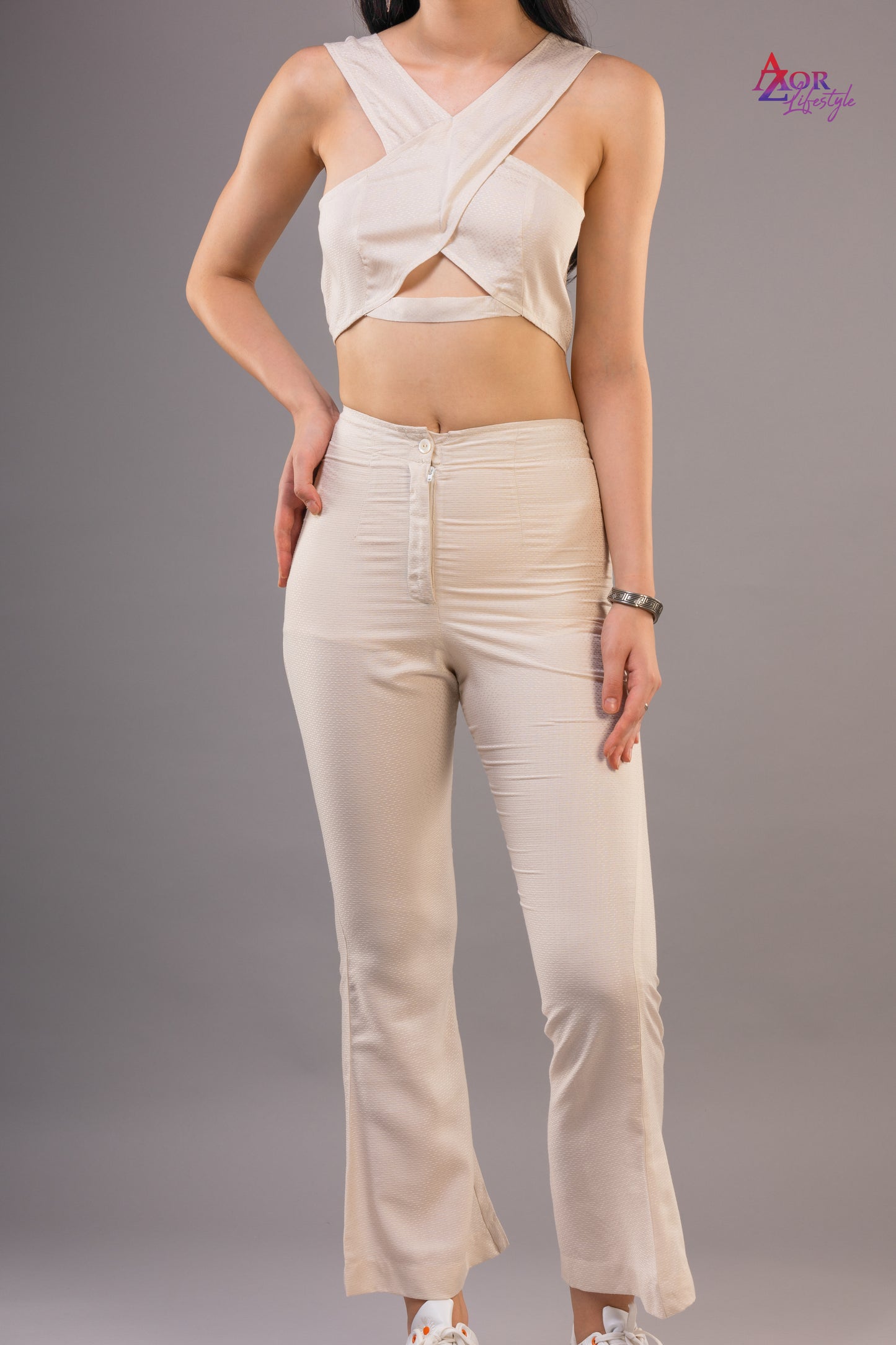 Women white/ivory cross front co-ord set
