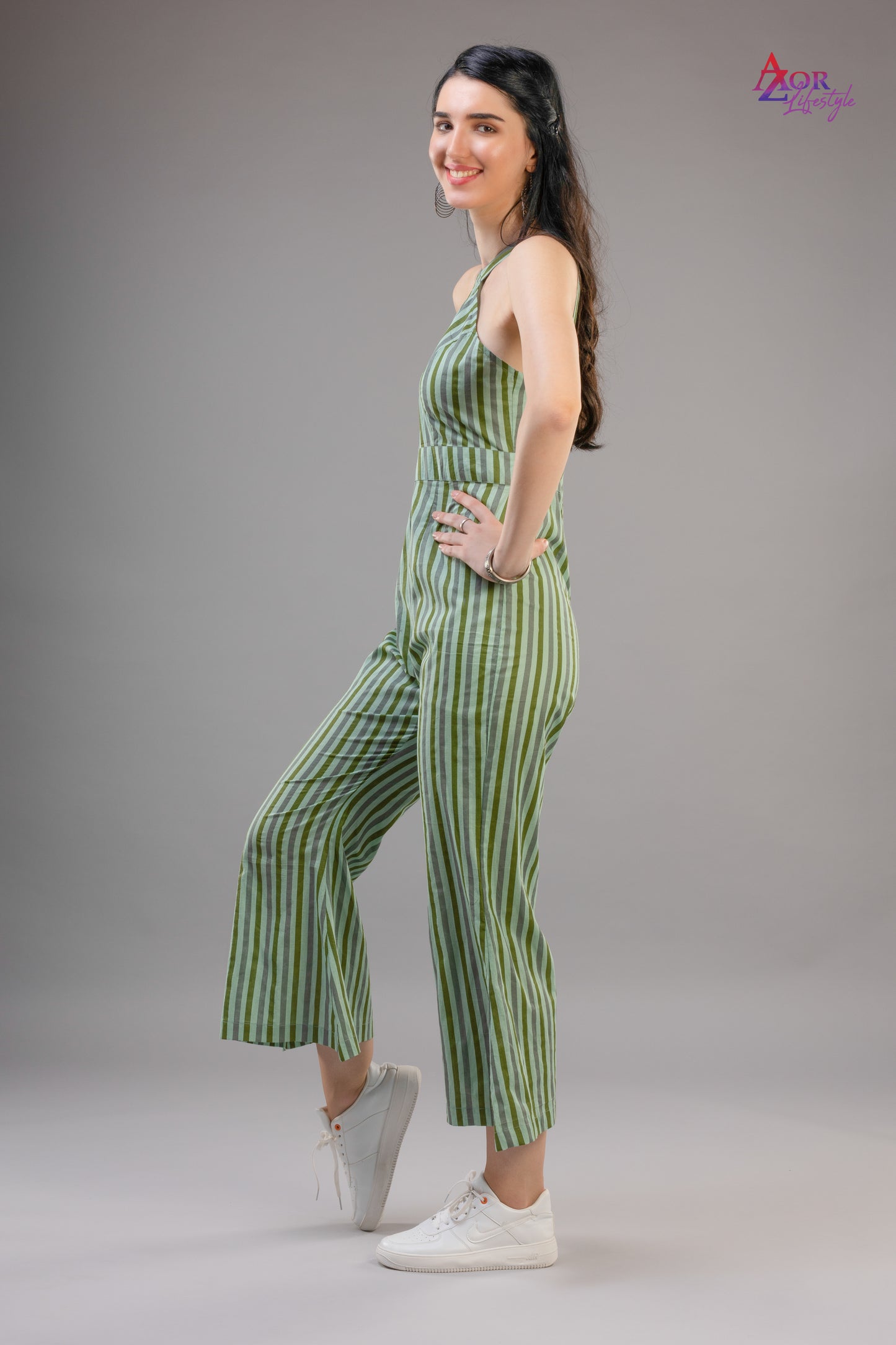 Women green halter neck jumpsuit