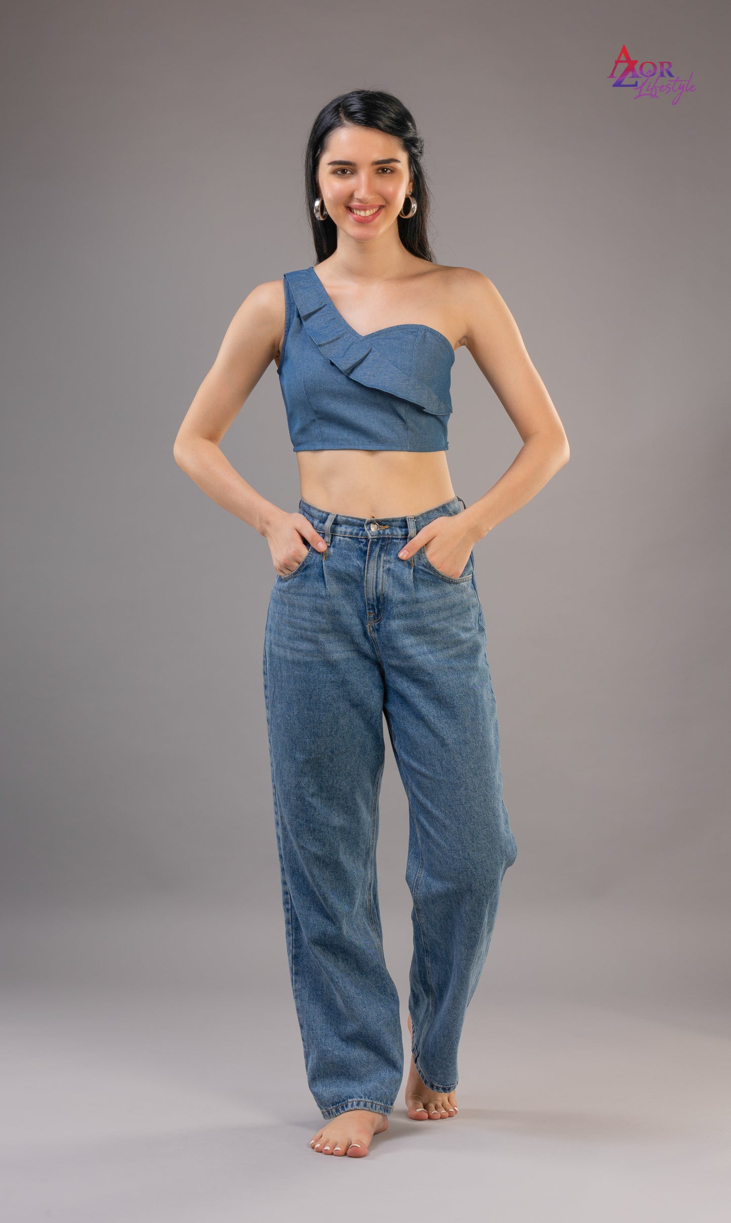 Women blue denim crop-top