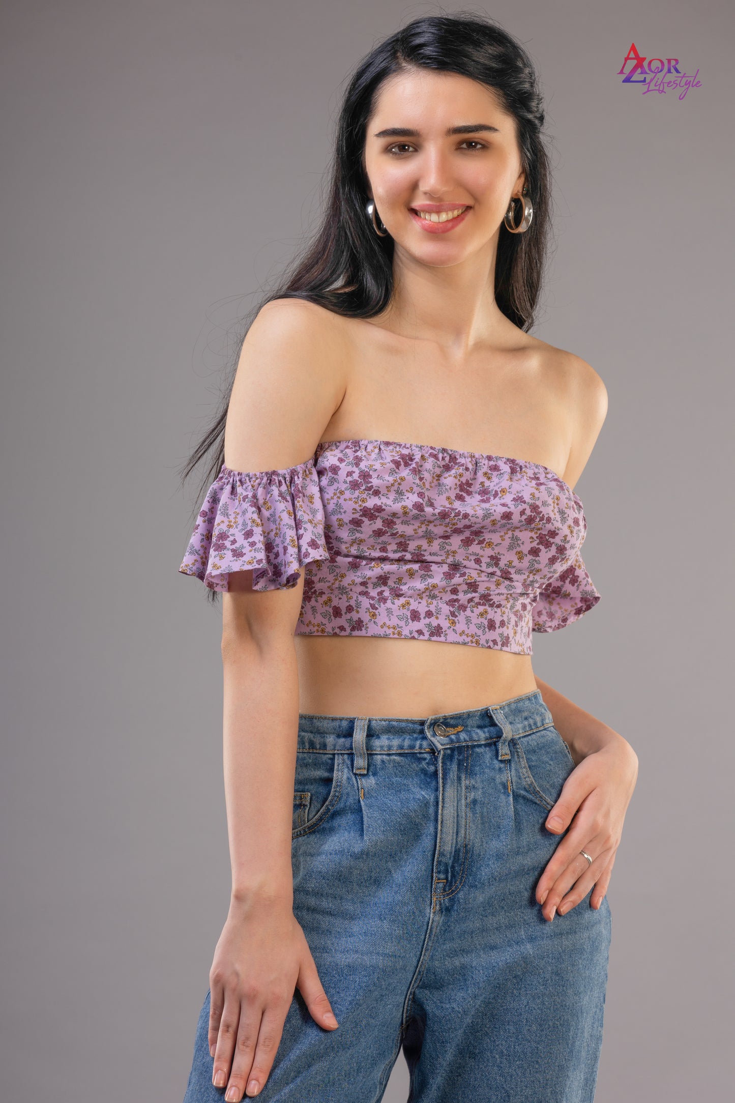 Women lavender/purple off- shoulder crop top