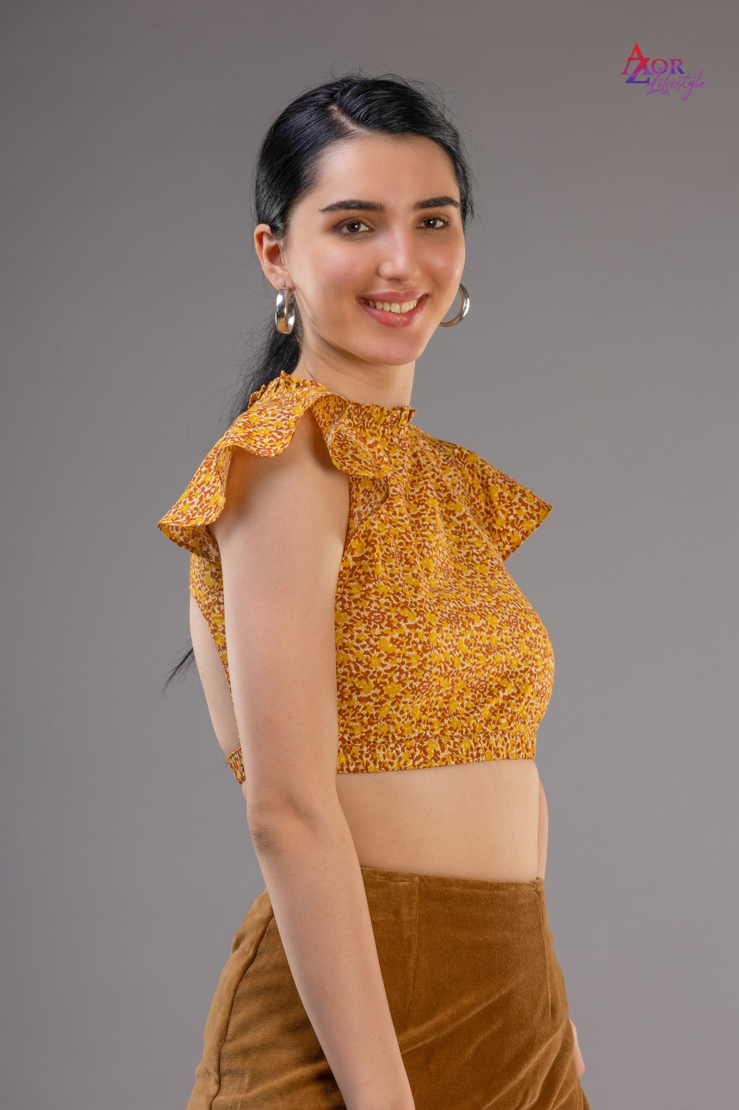 Women yellow brown styled back crop top