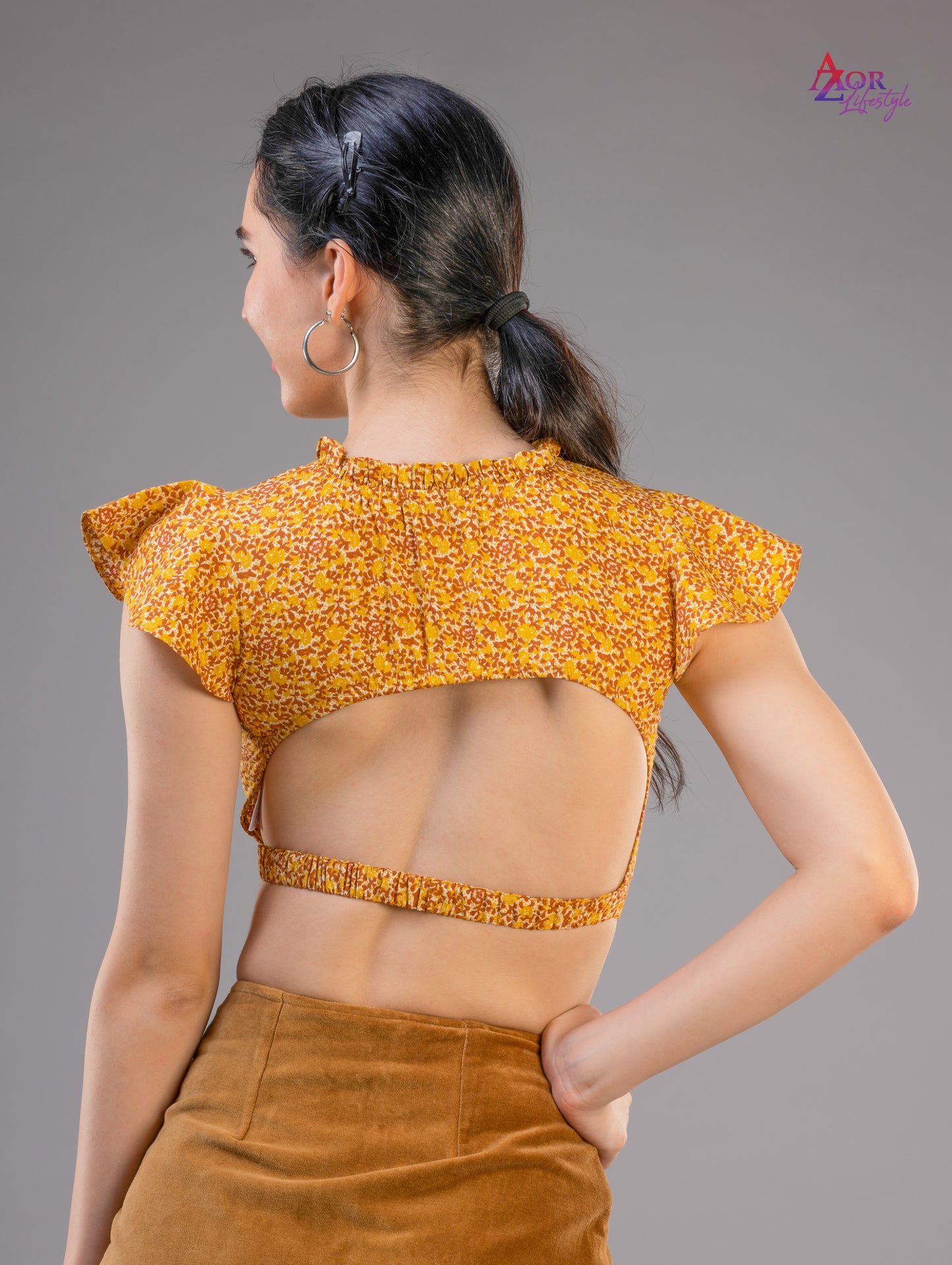 Women yellow brown styled back crop top