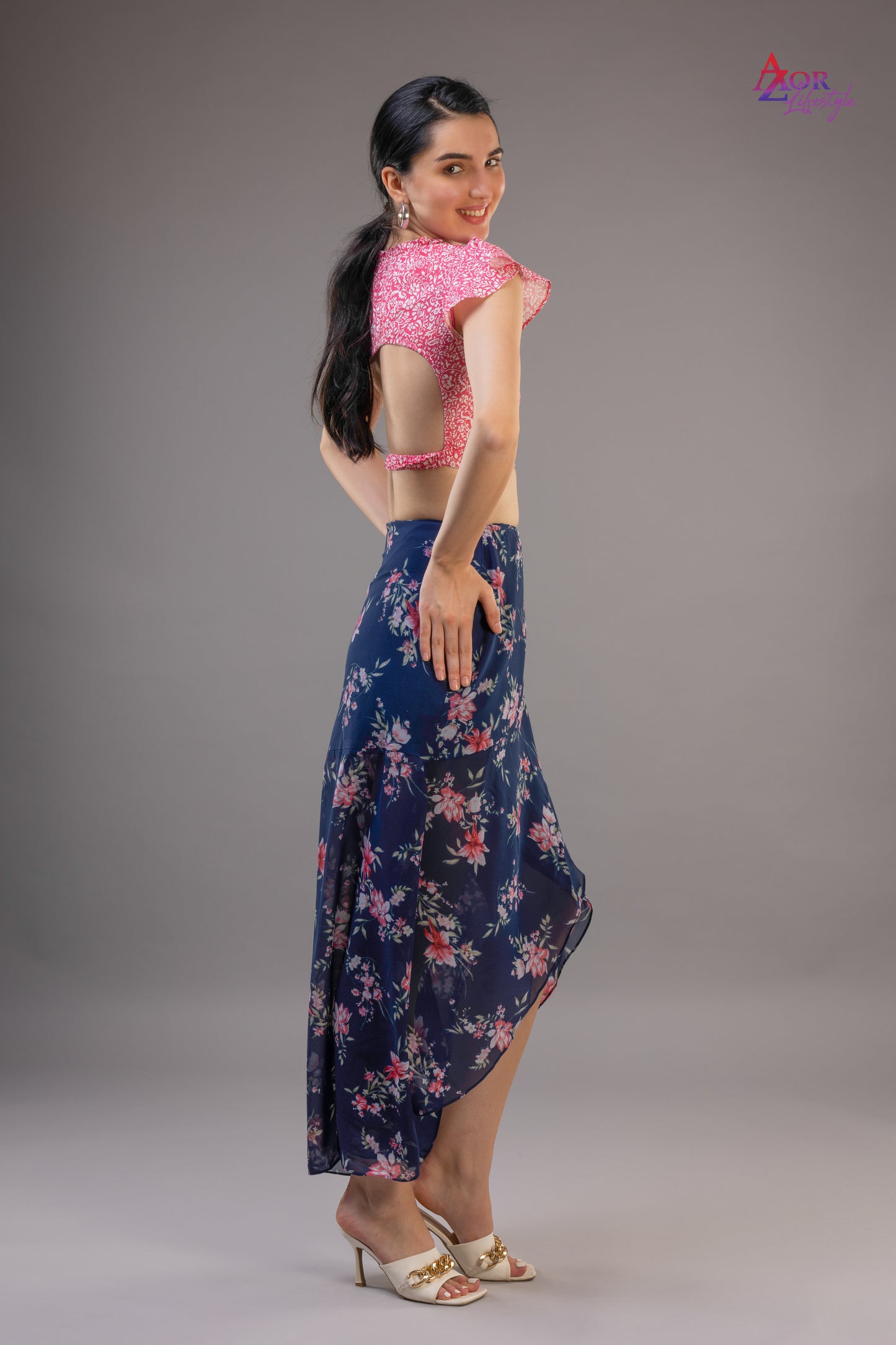 Women blue pink asymmetric wrap skirt