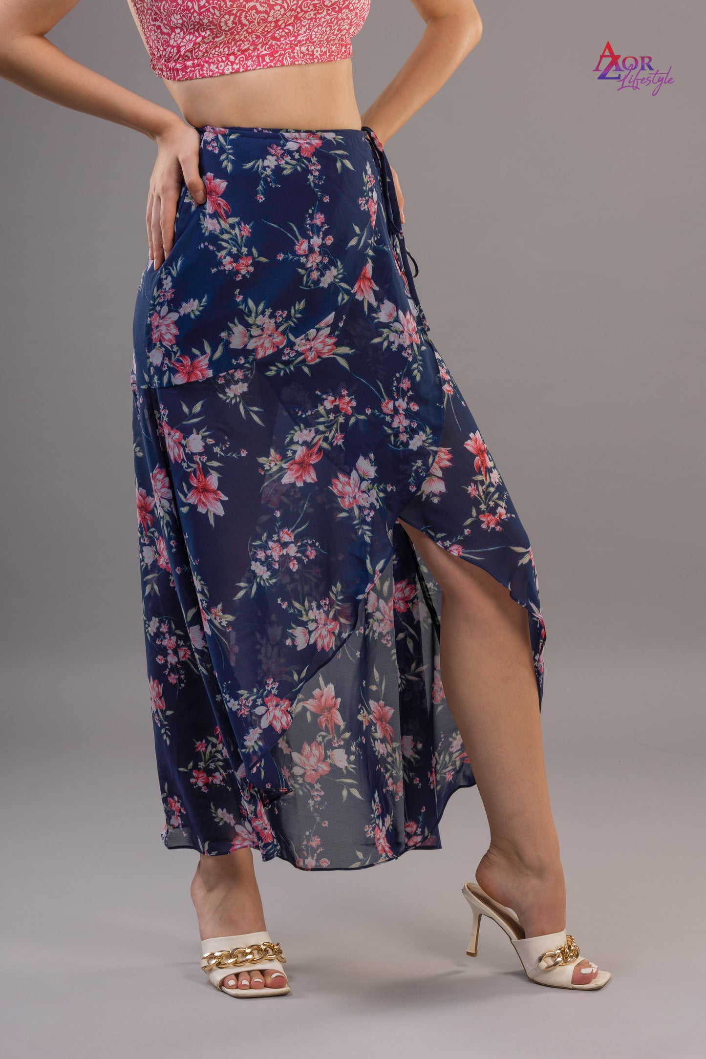 Women blue pink asymmetric wrap skirt