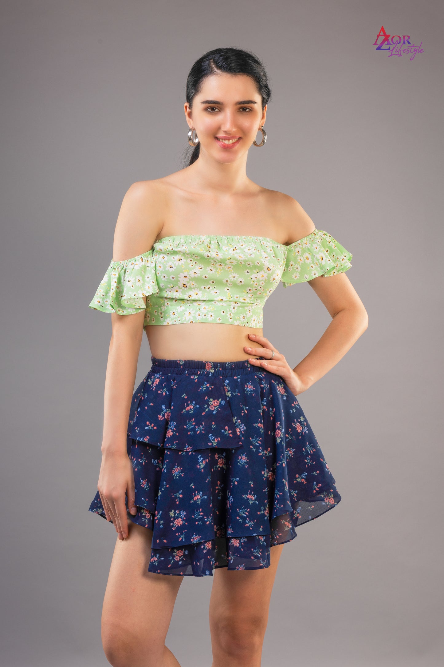 Women green off- shoulder crop top
