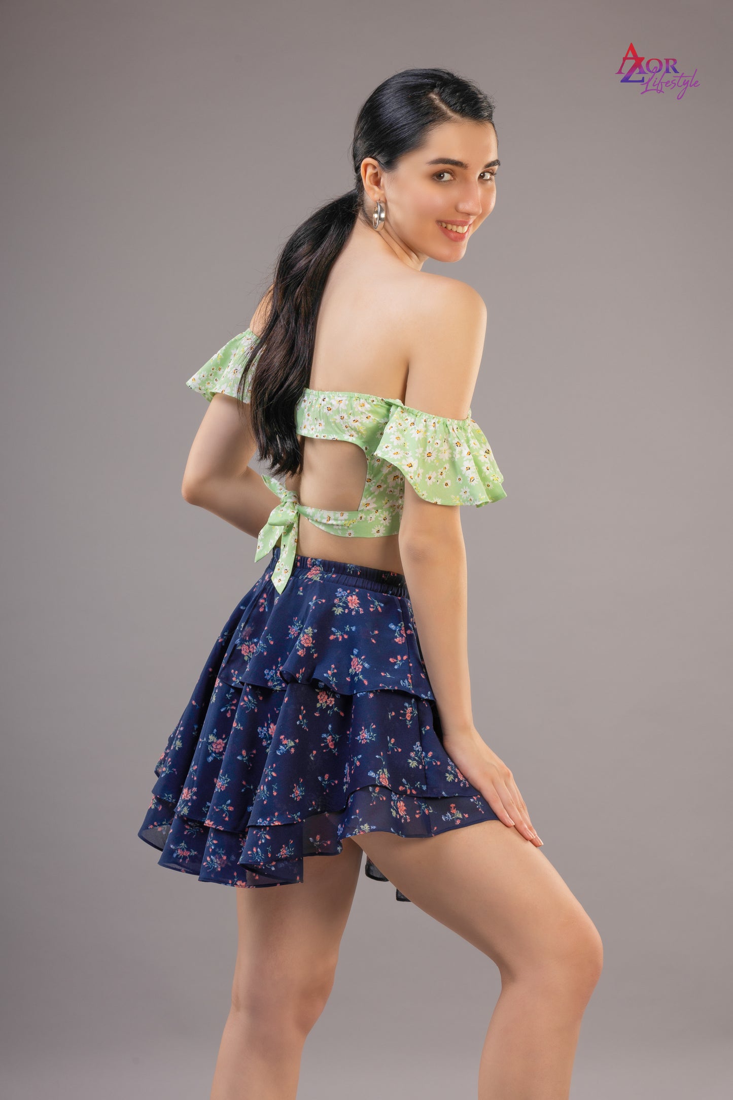 Women green off- shoulder crop top