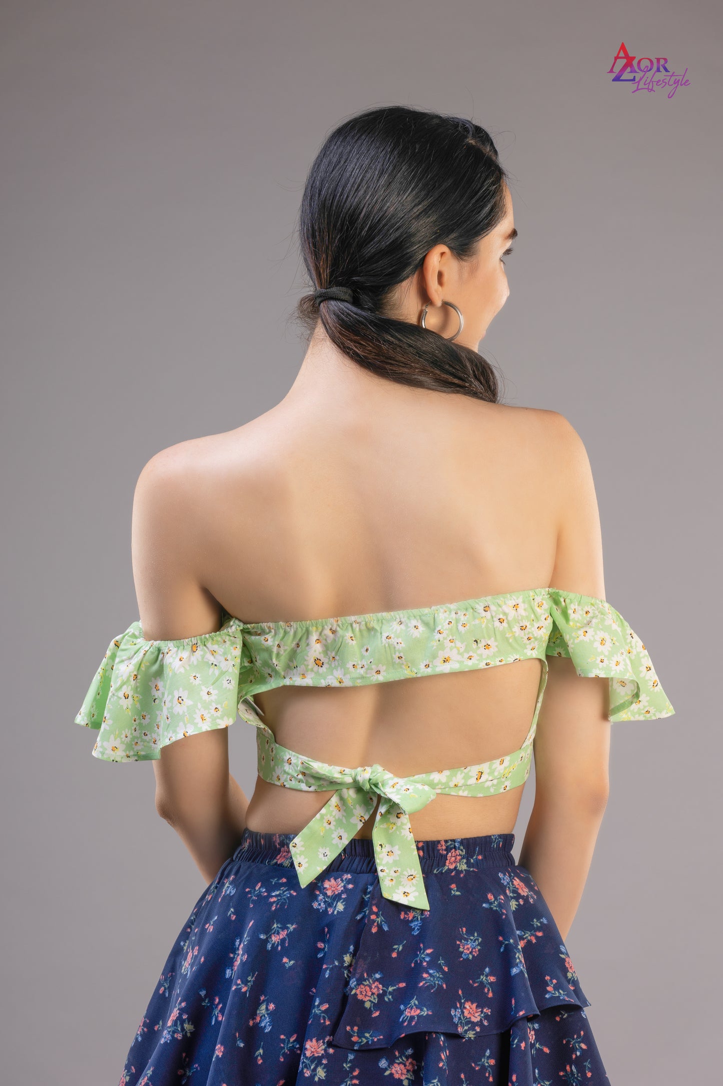 Women green off- shoulder crop top