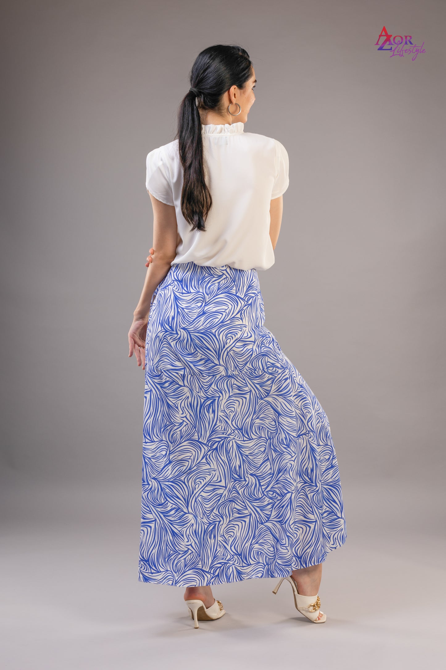 Women white blue asymmetric wrap skirt