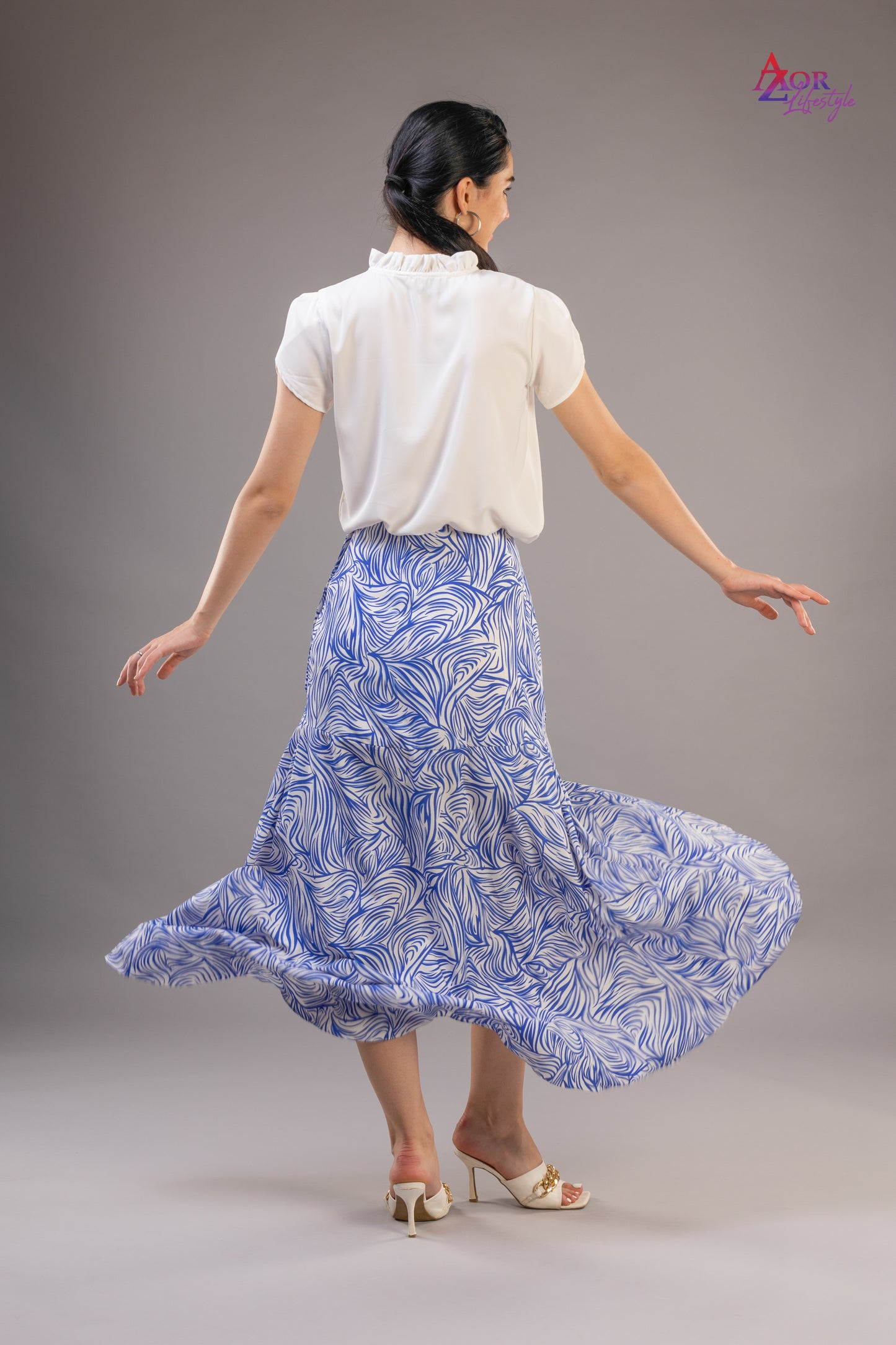Women white blue asymmetric wrap skirt