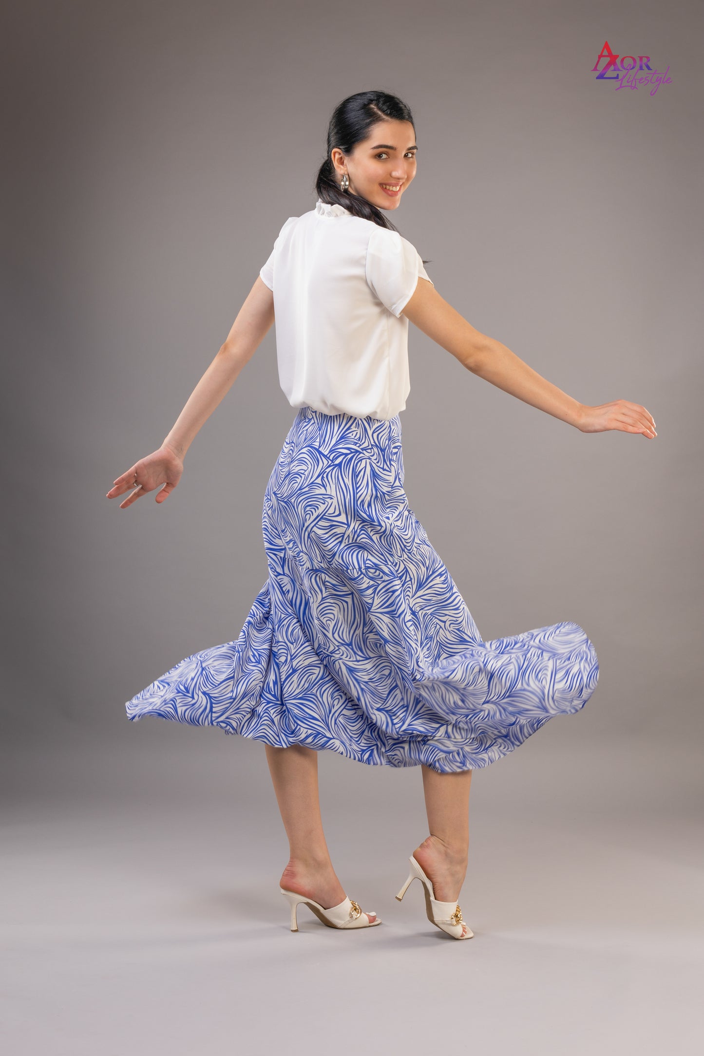 Women white blue asymmetric wrap skirt