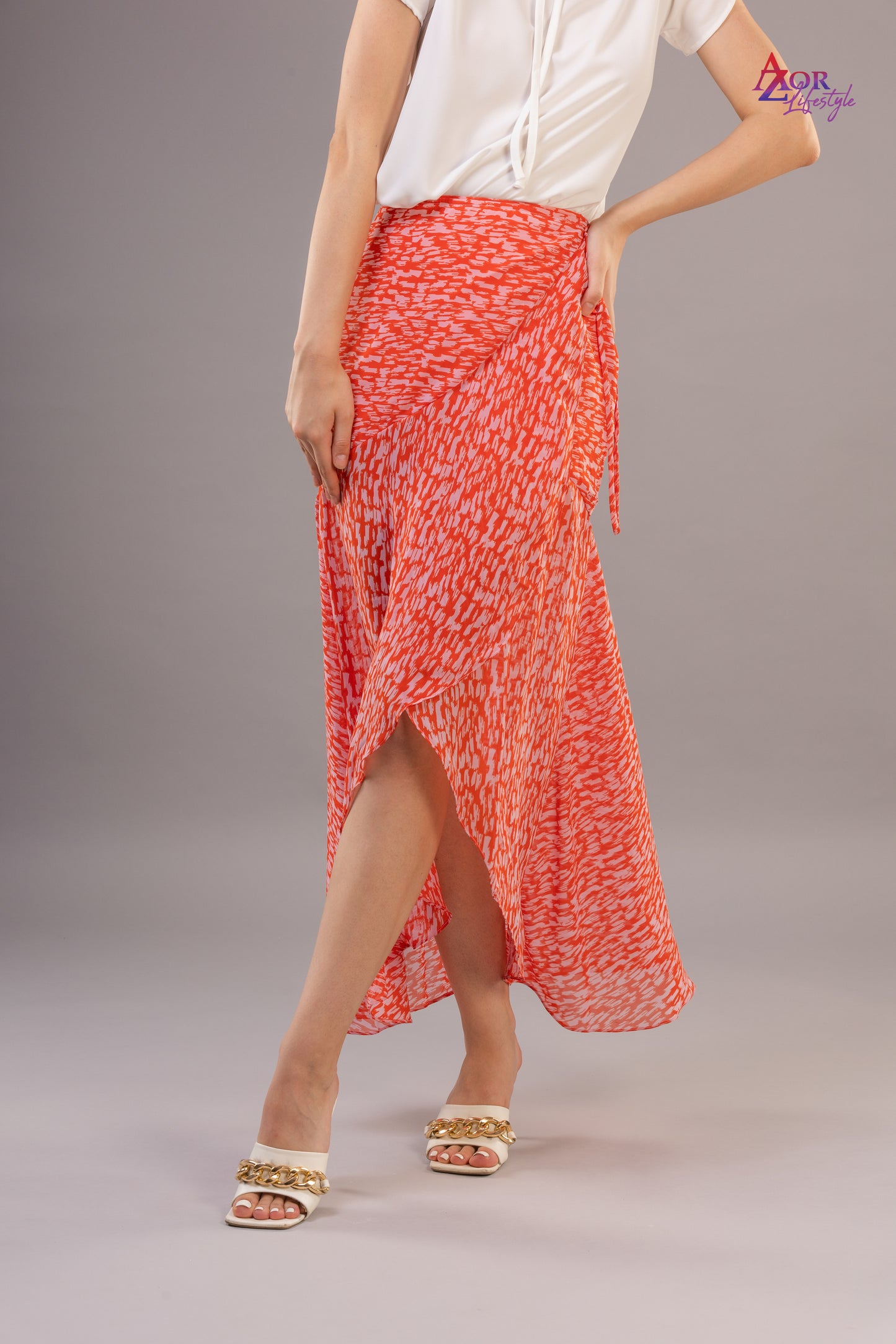 Women red asymmetric wrap skirt