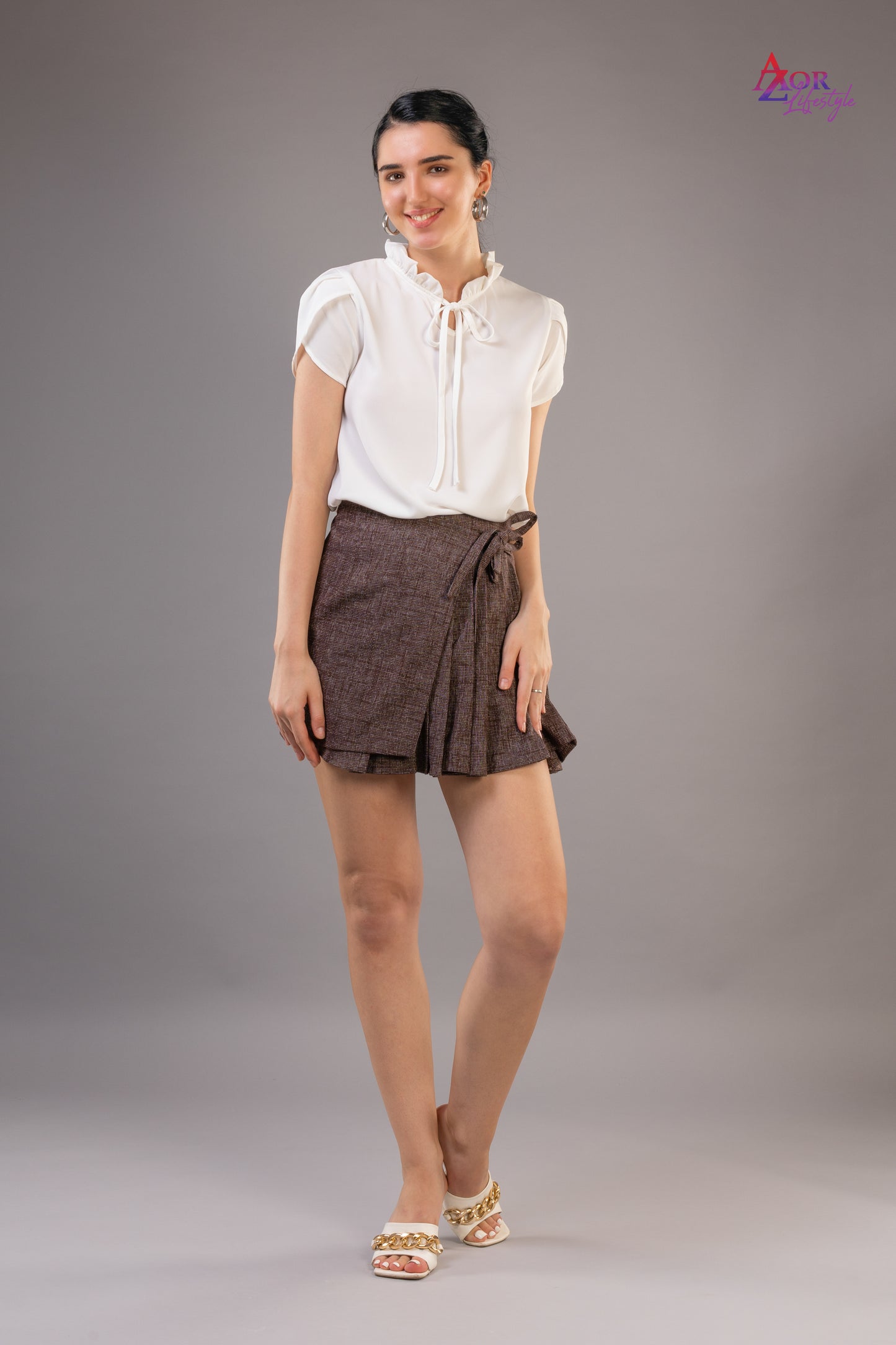 Women brown pleated wrap skirt