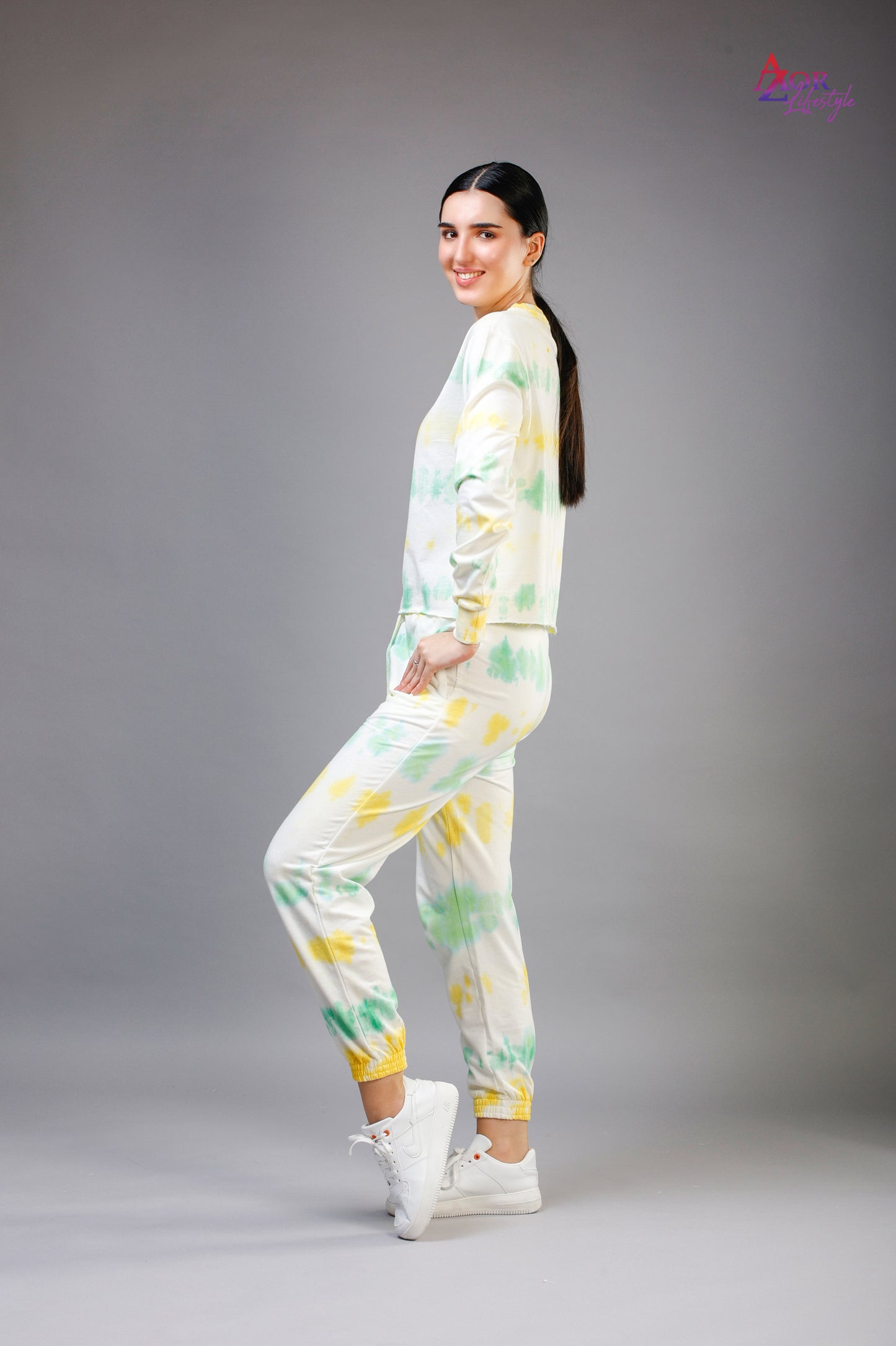 Women white yellow green tie & dye co-ord set