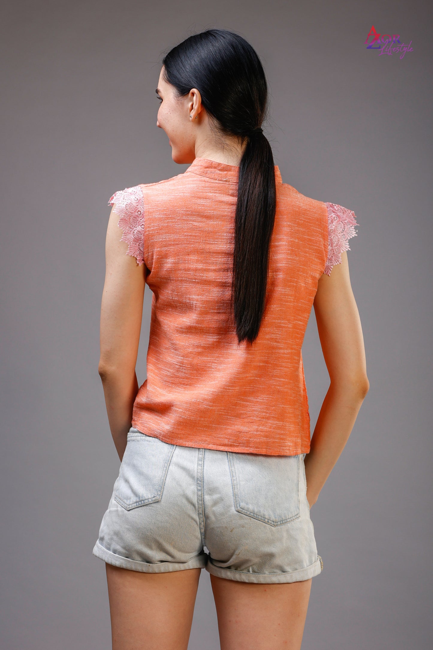 Women orange V-neck top