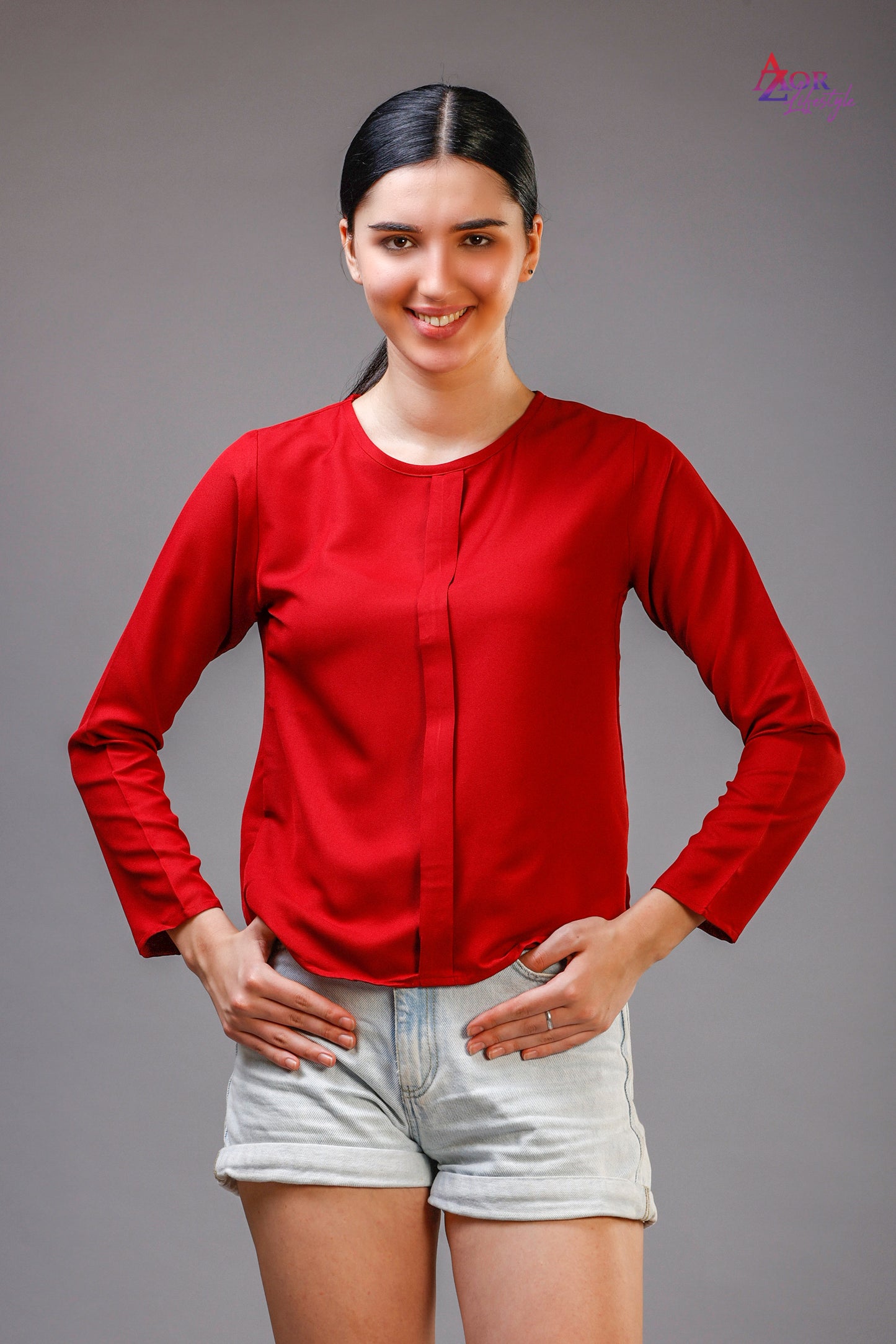Women red round neck top