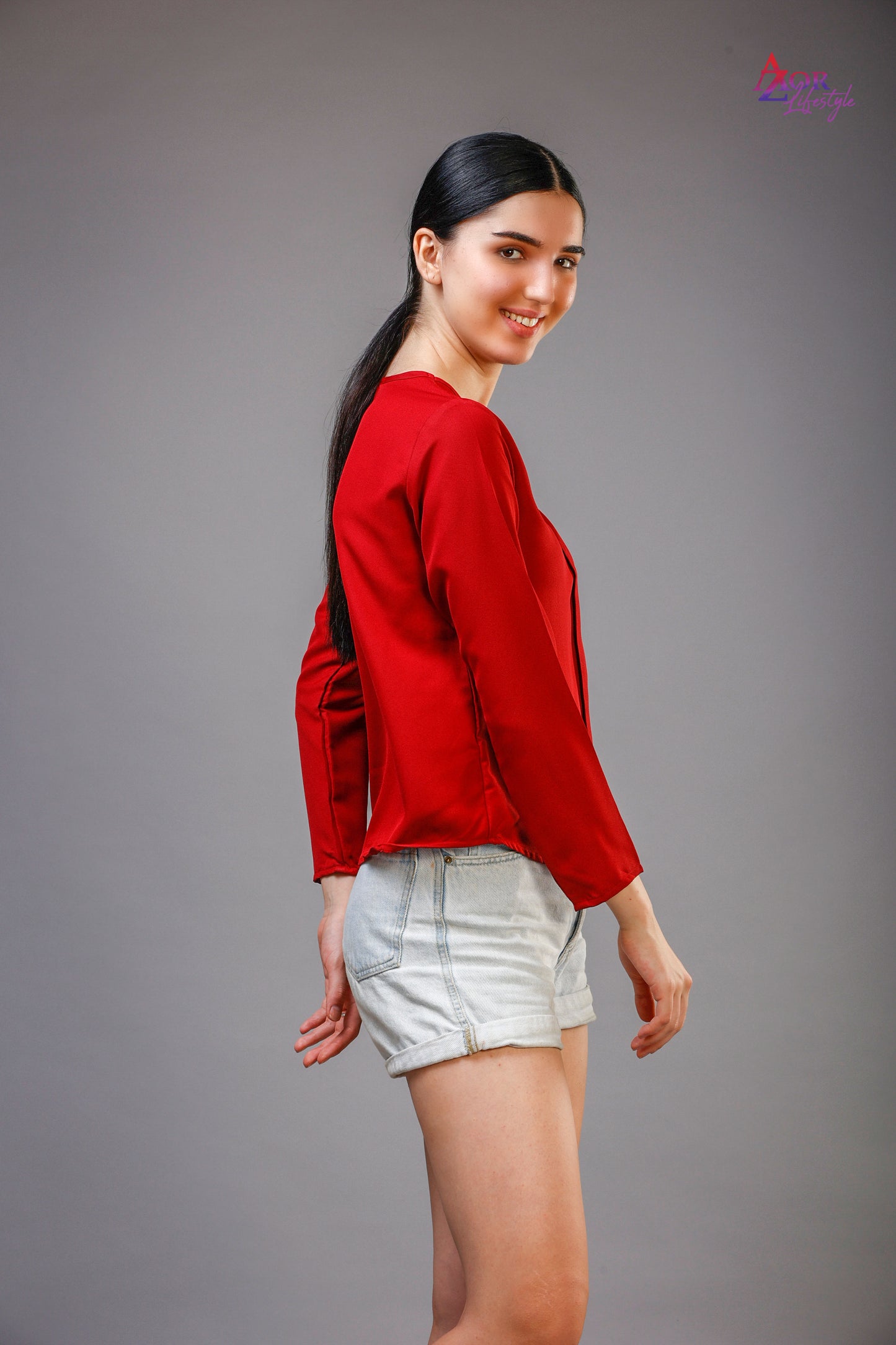Women red round neck top