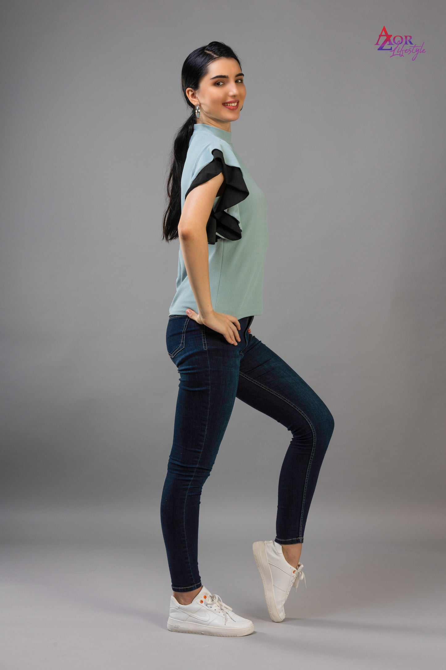 Women turquoise blue flared sleeve top