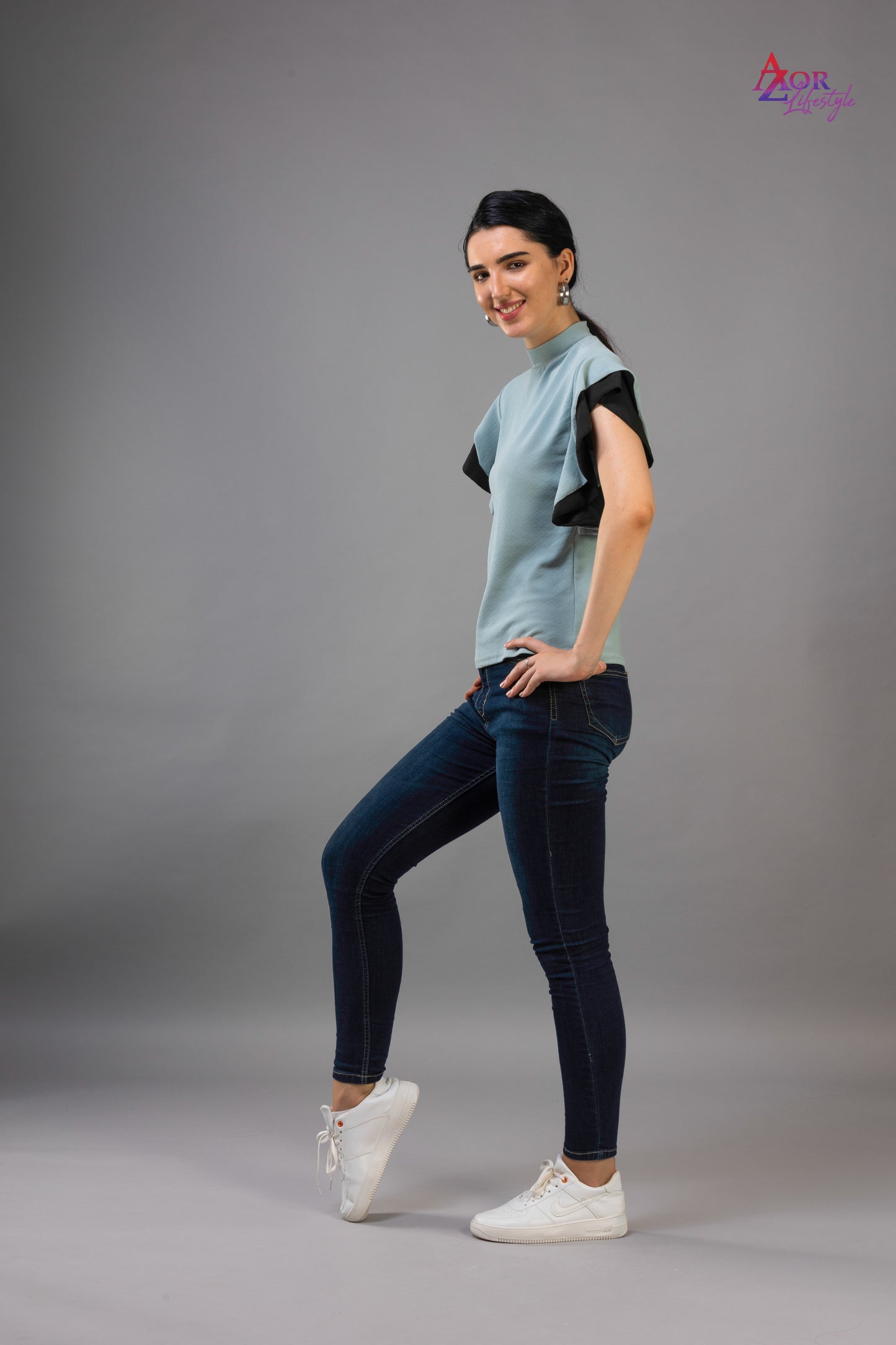 Women turquoise blue flared sleeve top