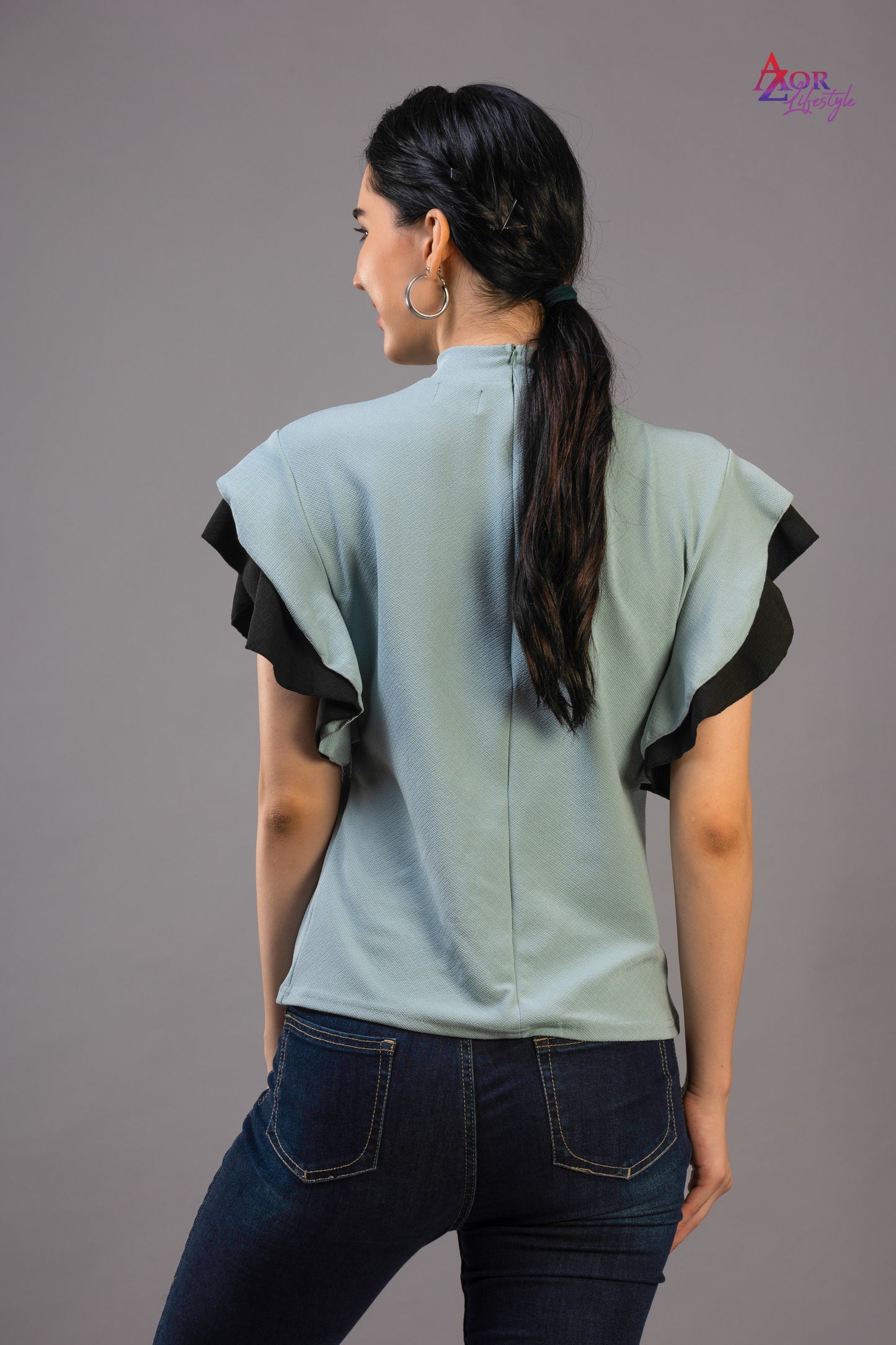 Women turquoise blue flared sleeve top