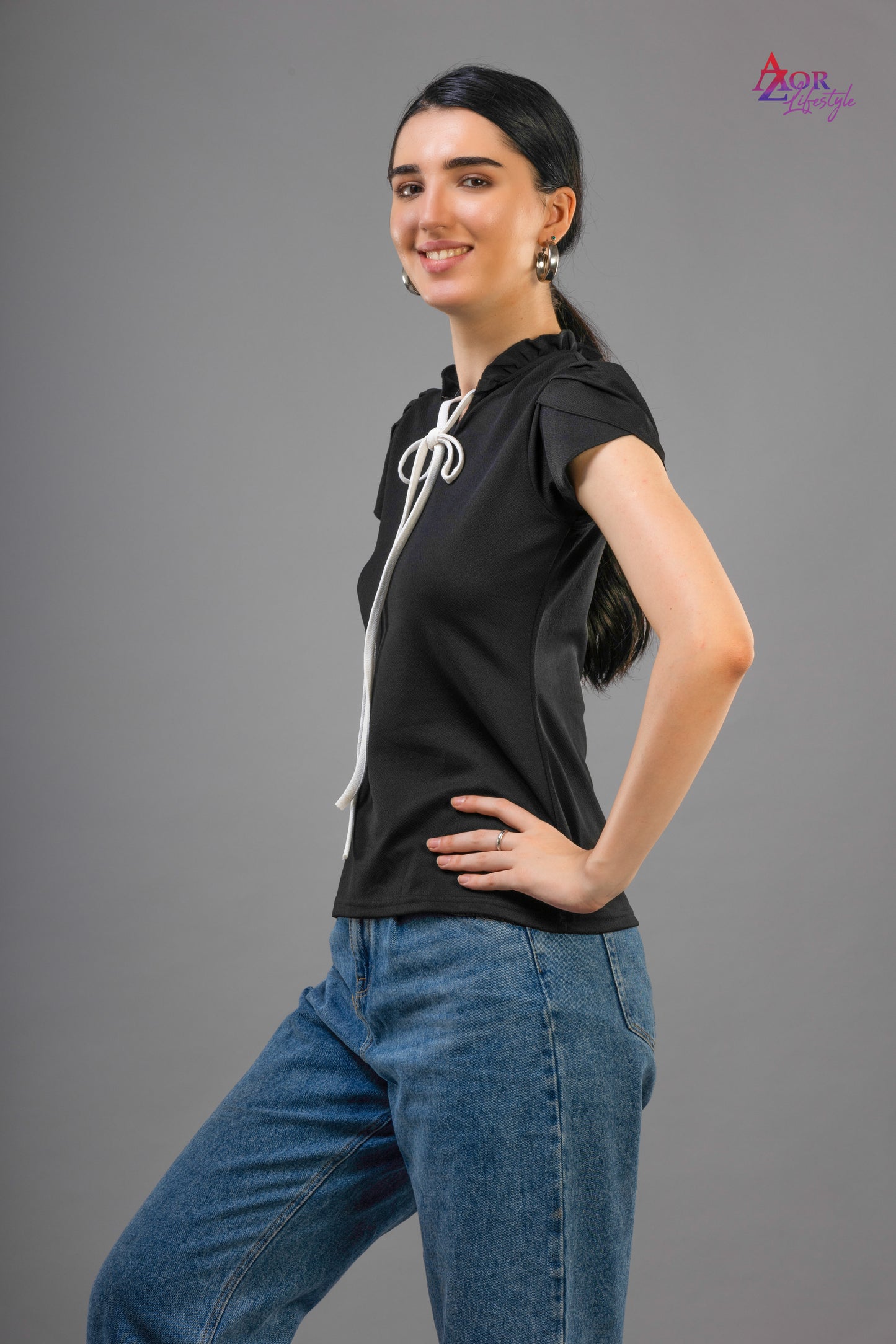 Women black top with tie