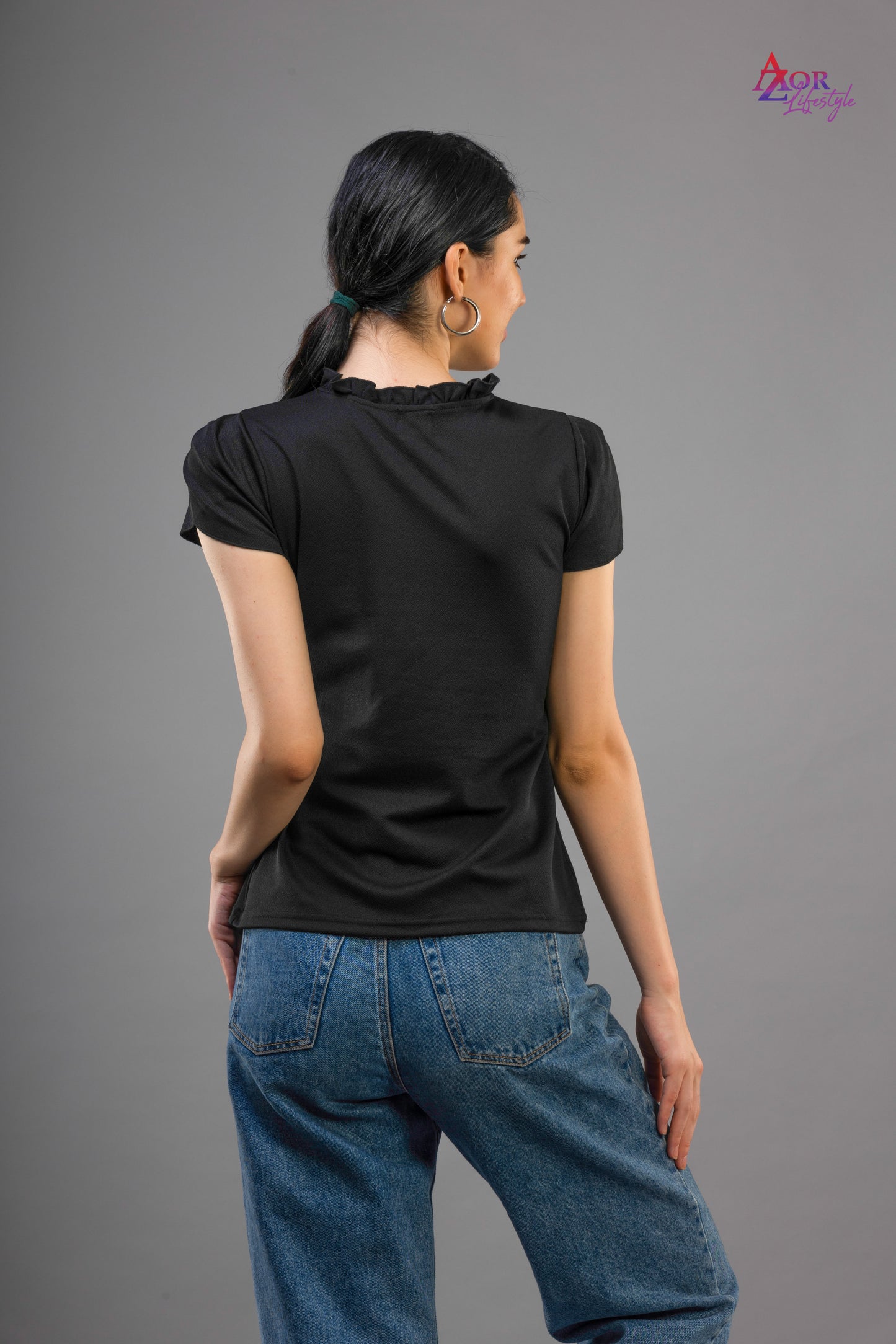 Women black top with tie